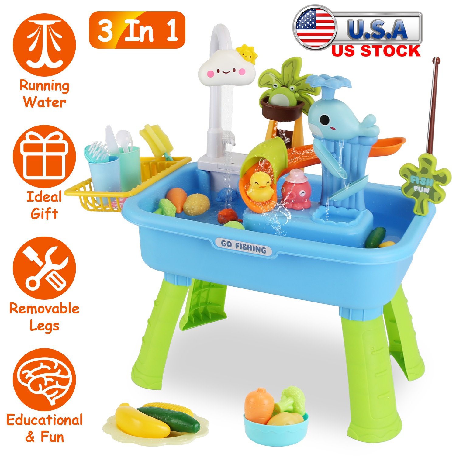 3 In 1 Kitchen Sink Toy with Electric Faucet Water Table Fishing Game Role Play Sink Set Indoor Outdoor for Kids Aged 3+ Years Old - Image 3