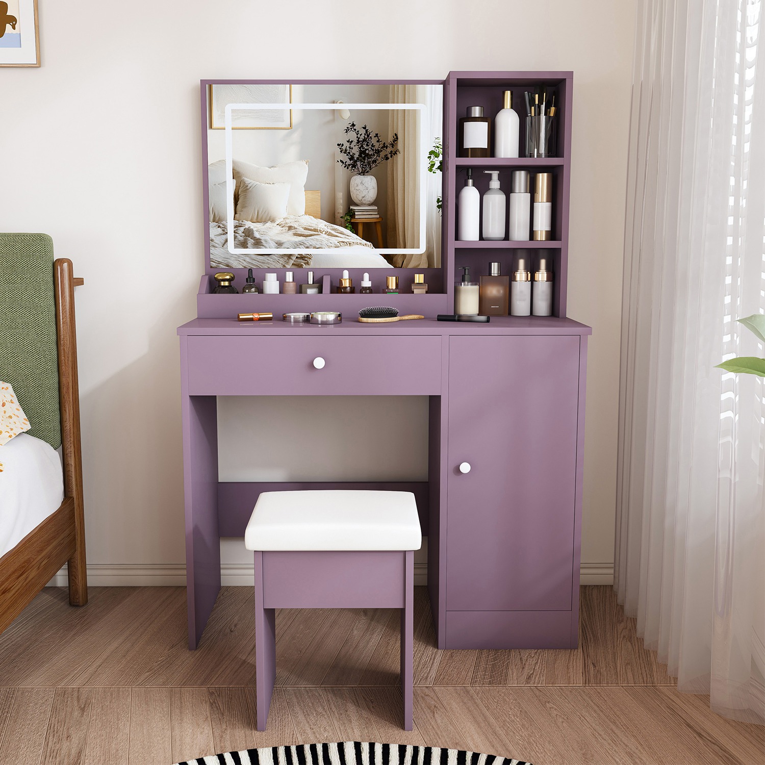 Purple Vanity Desk Set with LED Strip Lighted Mirror & Padded Stool, Modern Makeup Vanity with 3 Color Modes, Bedroom Dressing Table Combo - Image 5