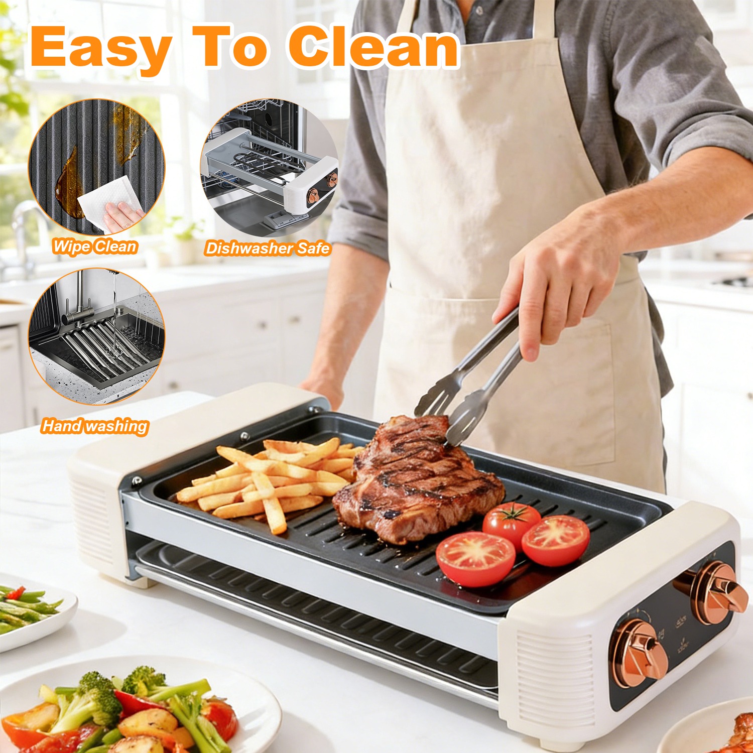 3 In 1 Electric Hot Dog Roller Machine with Grill & Griddle 6-Roller Hot Dog Cooker Smokeless Non-Stick Indoor Outdoor with 3 Temp Levels for BBQ Saus - Image 8