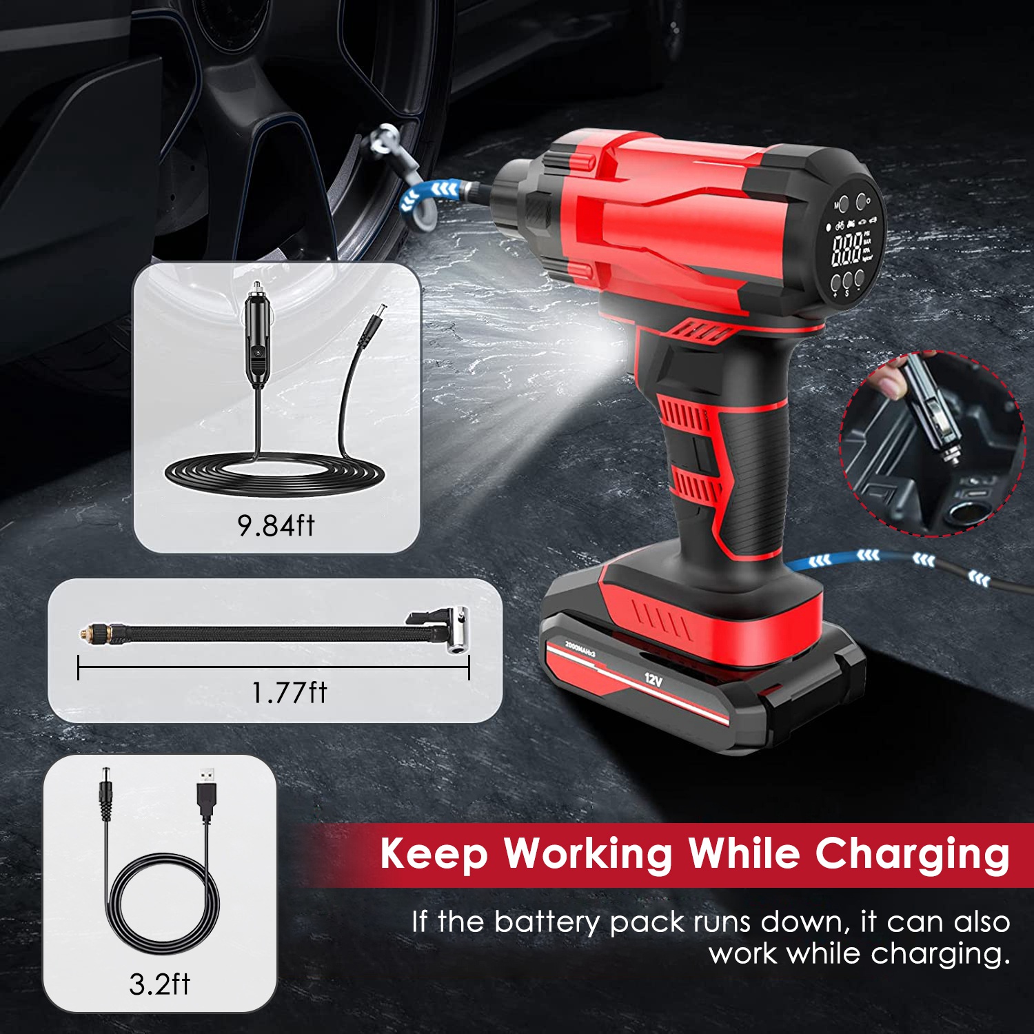 150PSI Cordless Car Tire Pump Rechargeable Tire Inflator 12V Portable Electric Air Compressor with LED Light for Car Bike Motorcycle Ball - Image 9