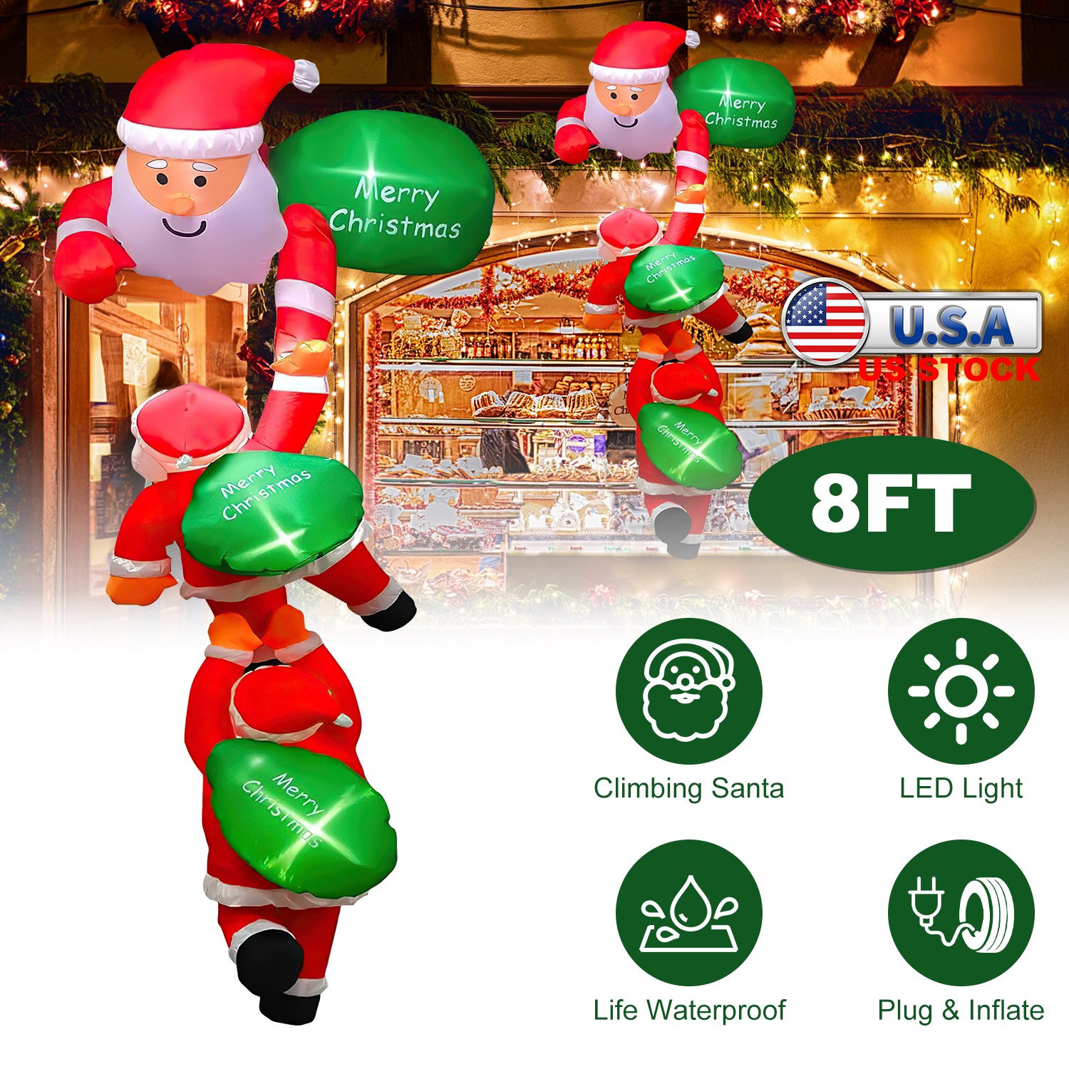 8FT Climbing Inflatable Santa Claus with Light Hanging Blow Up Christmas Inflatable Indoor Outdoor Christmas Decorations 3 Santa Claus 3 Merry Christm - Image 7