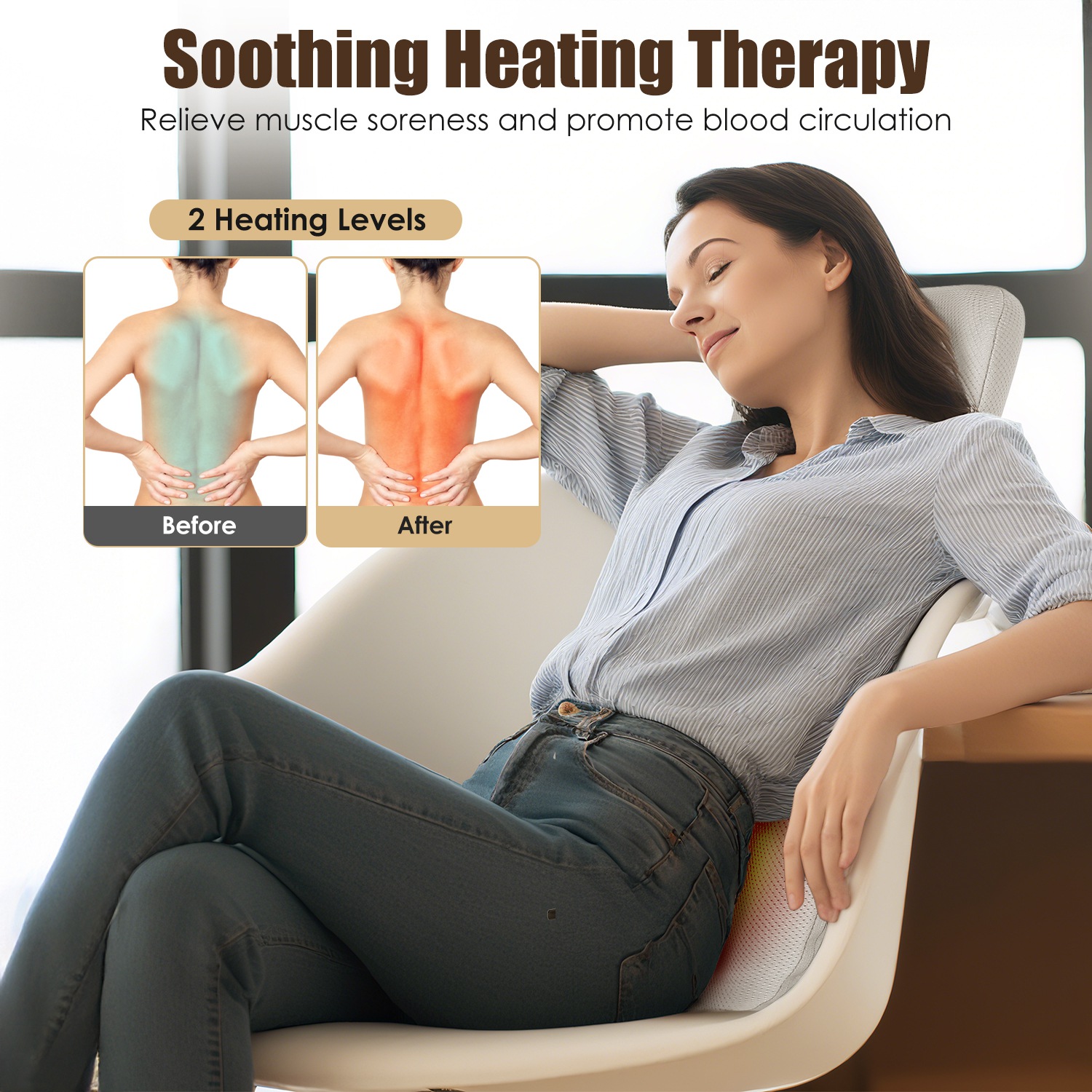 Full Back Massager With Rolling Kneading Nodes Soothing Heating 3D Deep Tissue Shiatsu Chair Massage Pad For Lumbar Upper Lower Back Gift For Women Me - Image 8