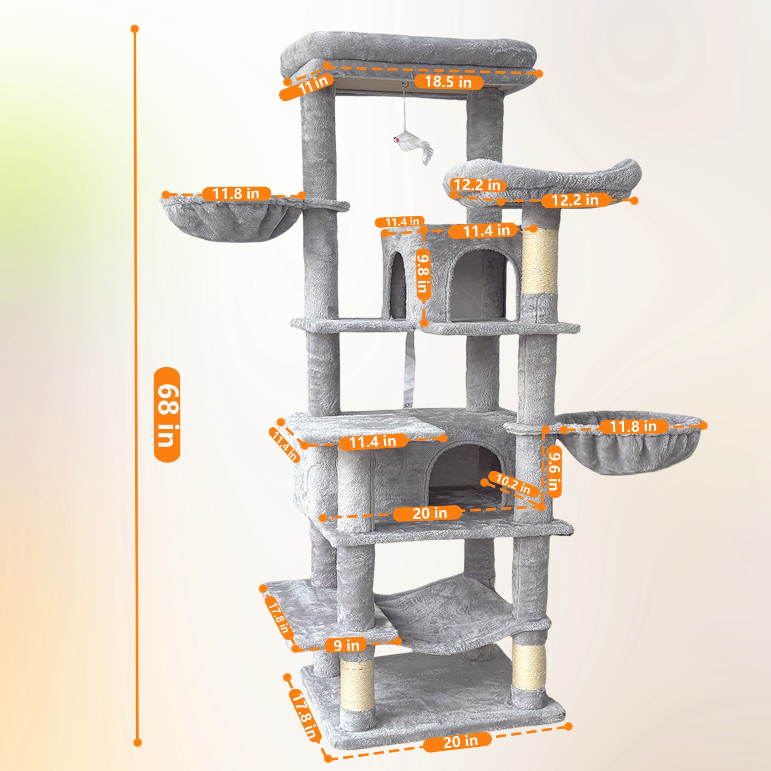 68in Multi-Level Cat Tree Tower with Hammocks, Cat Condo, Hanging Basket, Removable Cushions & Sisal Scratching Posts, Plush Cat Activity Center for I - Image 2