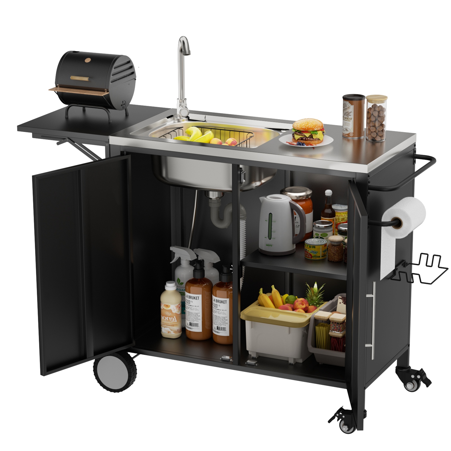 Outdoor Grill Cart with Storage Outdoor Grill Table with Sink Wheels Fold-Down Side Table for Patio Backyard BBQ - Image 3