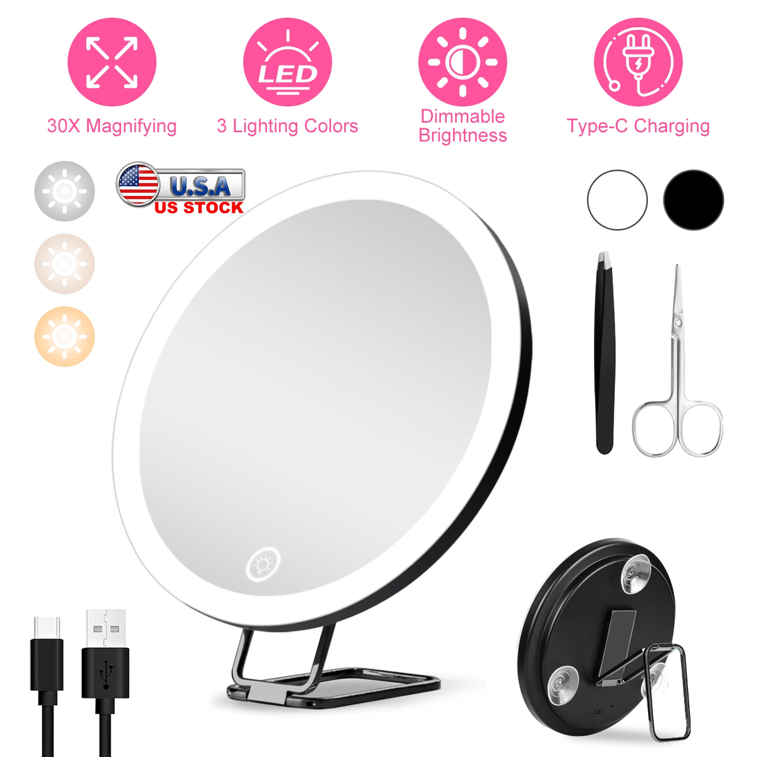 30X Magnifying Mirror With Light 3 Colors Dimmable Brightness Included Tweezer Scissor
Travel Magnifying Makeup Mirror with Suction Cup 360° Adjusta - Image 9