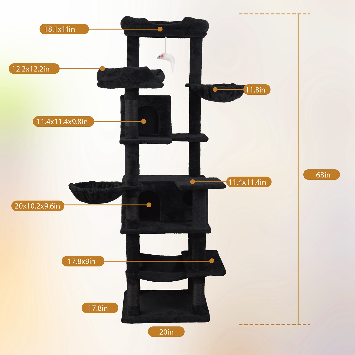 68in Multi-Level Cat Tree Tower with Hammocks, Cat Condo, Hanging Basket, Removable Cushions & Sisal Scratching Posts, Plush Cat Activity Center for I - Image 5