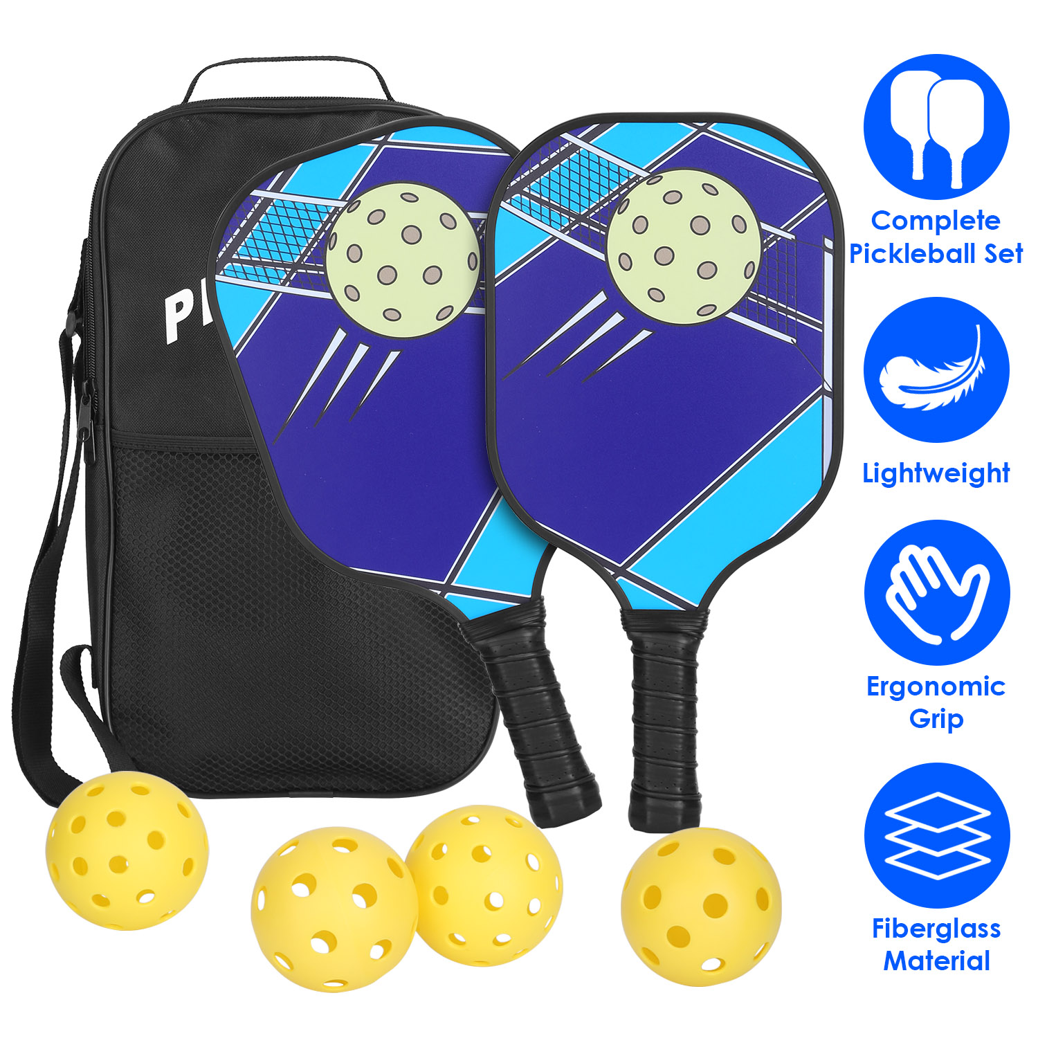 Pickleball Set 2 Fiberglass Paddles 4 Outdoor Indoor Balls Portable Carry Bag 2 Cooling Towel Lightweight Ergonomic Grip for Beginners Pros - Image 3