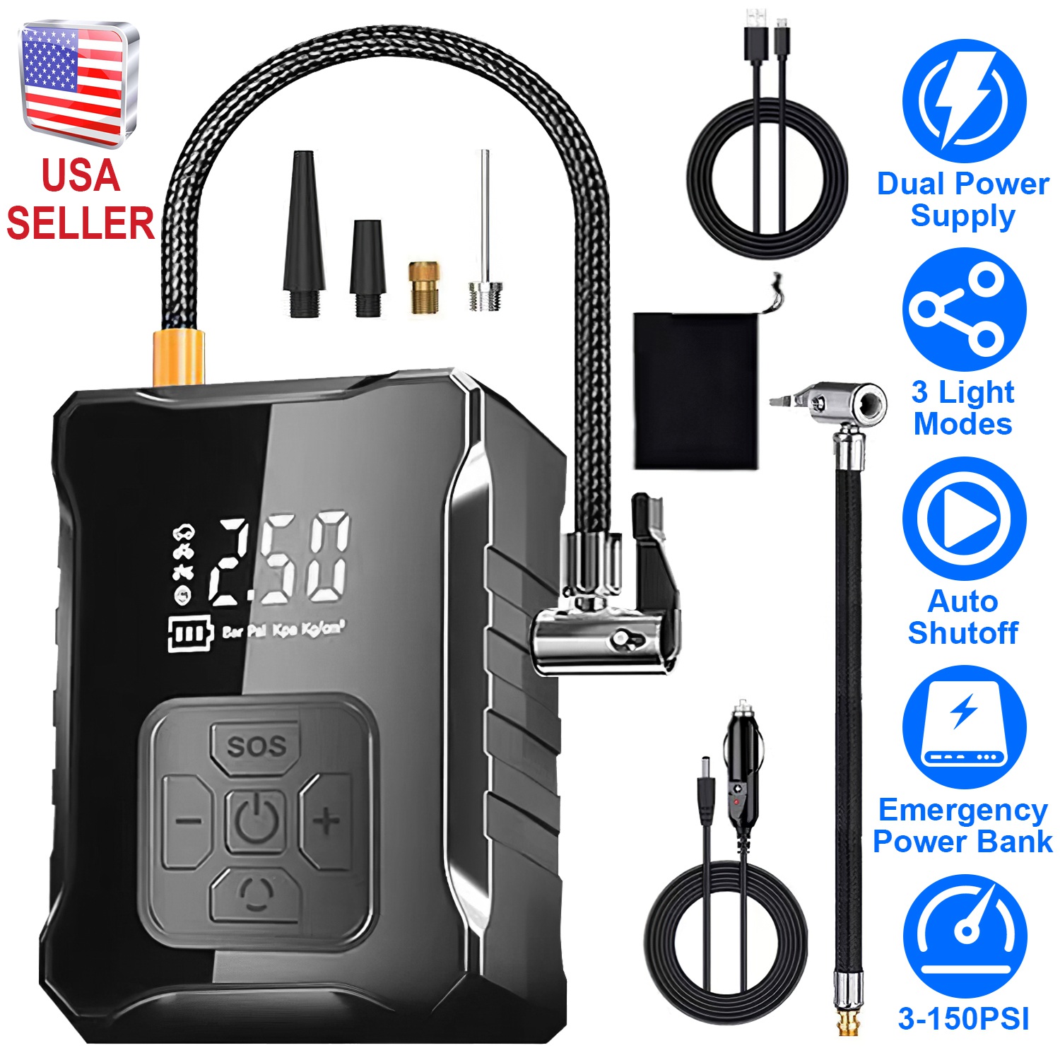 150PSI Cordless Tire Inflator with Car Charger Digital Air Compressor with LED Light Emergency Power Bank for Cars Motorcycles Bicycles Balls - Image 6