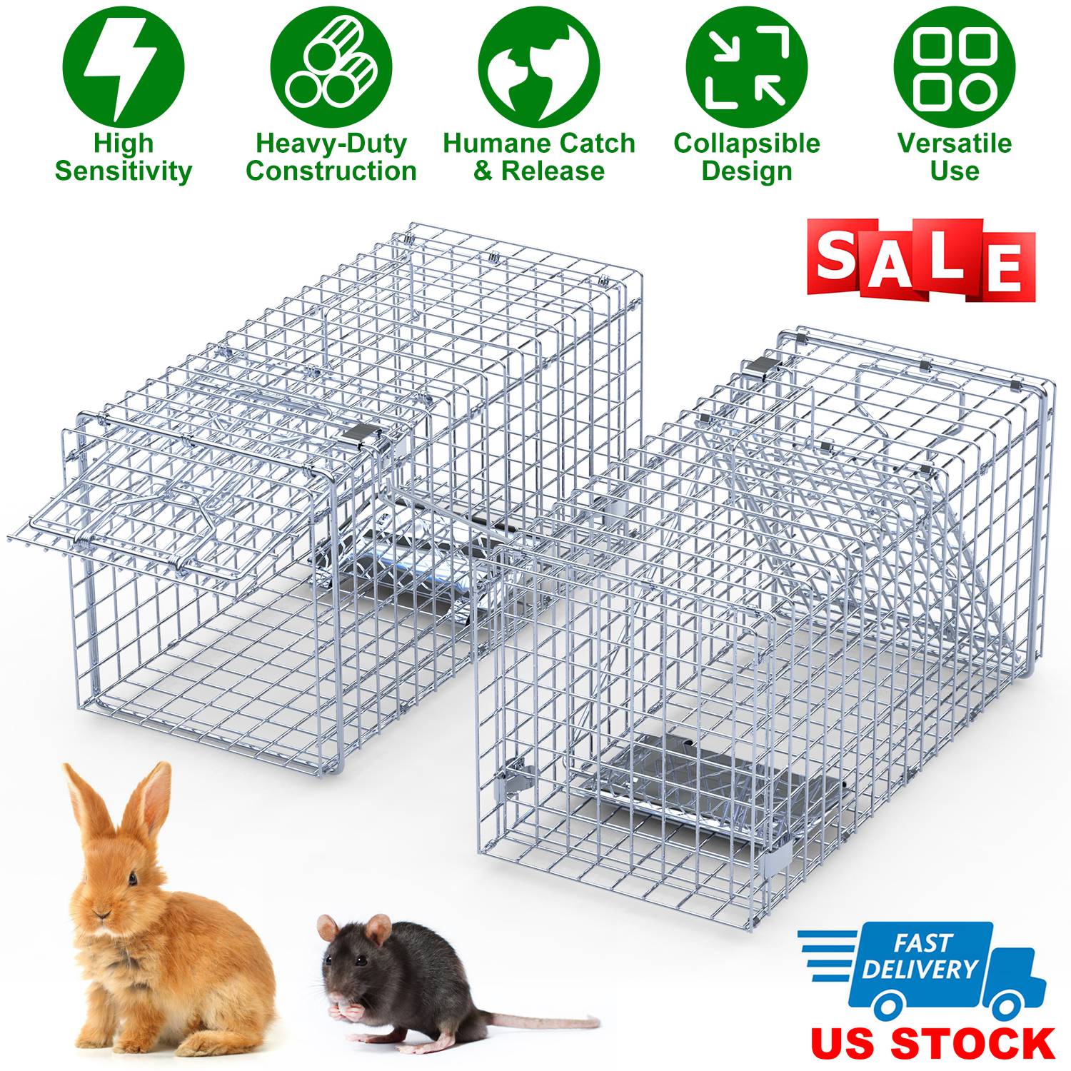 2Pcs 18x8x10In Humane Single Door Live Animal Trap Collapsible Galvanized Iron Animal Cage Catch And Release for Small Squirrel Raccoon Feral Cat Weas - Image 5
