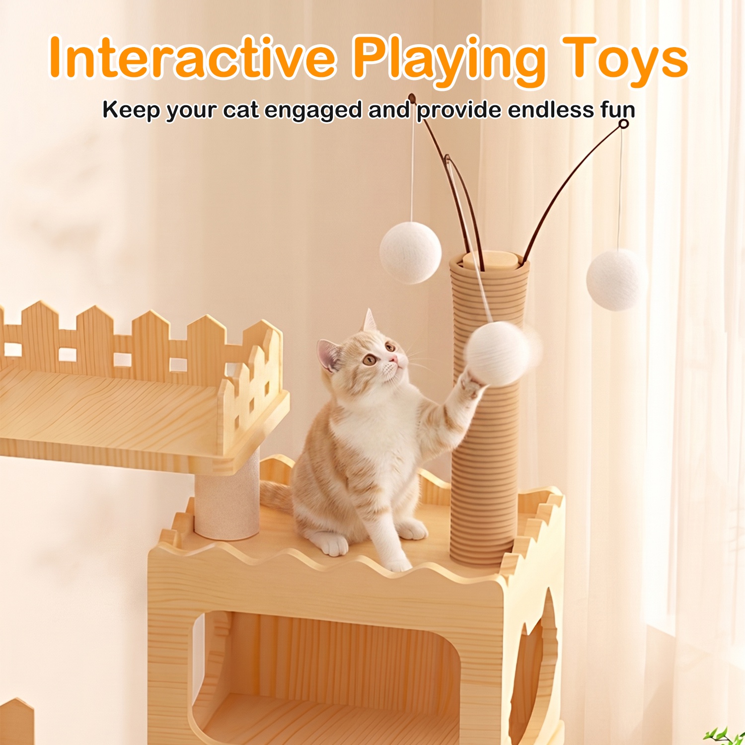 66.9" Modern Cat Tree Tower Wooden Cat Condo with 1 Cat House 2 Acrylic Capsule Sisal Scratching Posts Soft Bed Hanging Toys Multi-Level 33LBS Max Loa - Image 9