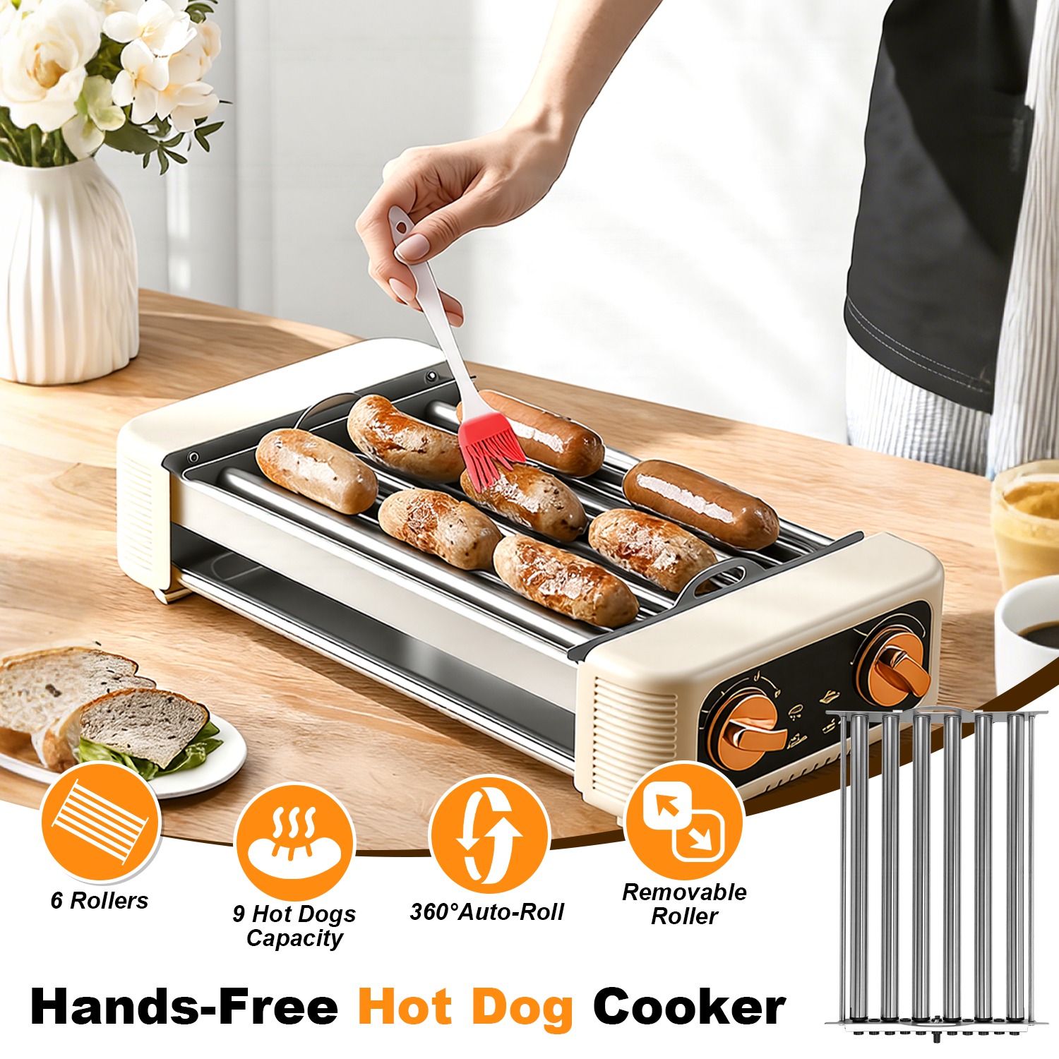 3 In 1 Electric Hot Dog Roller Machine with Grill & Griddle 6-Roller Hot Dog Cooker Smokeless Non-Stick Indoor Outdoor with 3 Temp Levels for BBQ Saus - Image 7