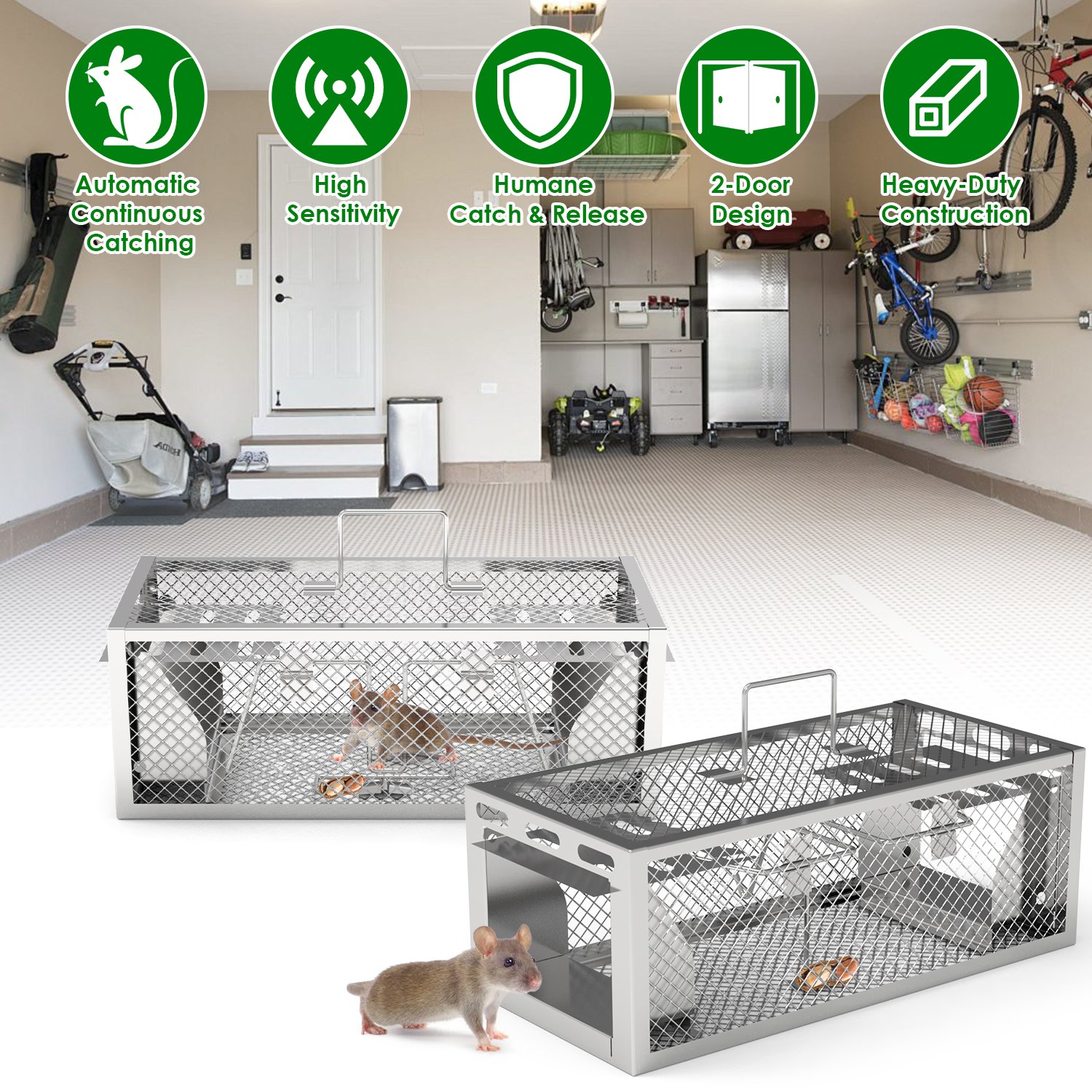 2Pack 11.81x5.63x4.45In 2-Door Humane Rat Trap Automatic Continuous Mouse Trap Reusable Galvanized Iron Live Animal Cage - Image 6