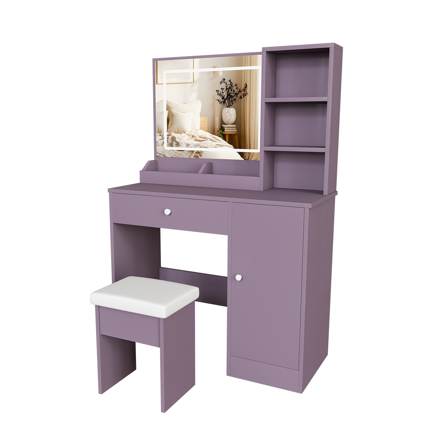 Purple Vanity Desk Set with LED Strip Lighted Mirror & Padded Stool, Modern Makeup Vanity with 3 Color Modes, Bedroom Dressing Table Combo - Image 2
