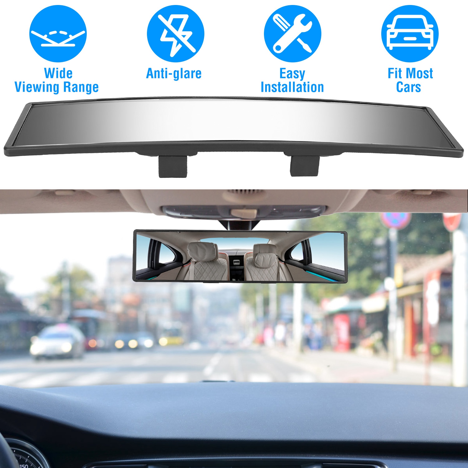 Car Rearview Mirror 11.4in Interior Clip-on Curve Convex Panoramic Anti-glare Rear View Mirrors with Wide Viewing Range for Cars SUVs Trucks Vehicles - Image 2