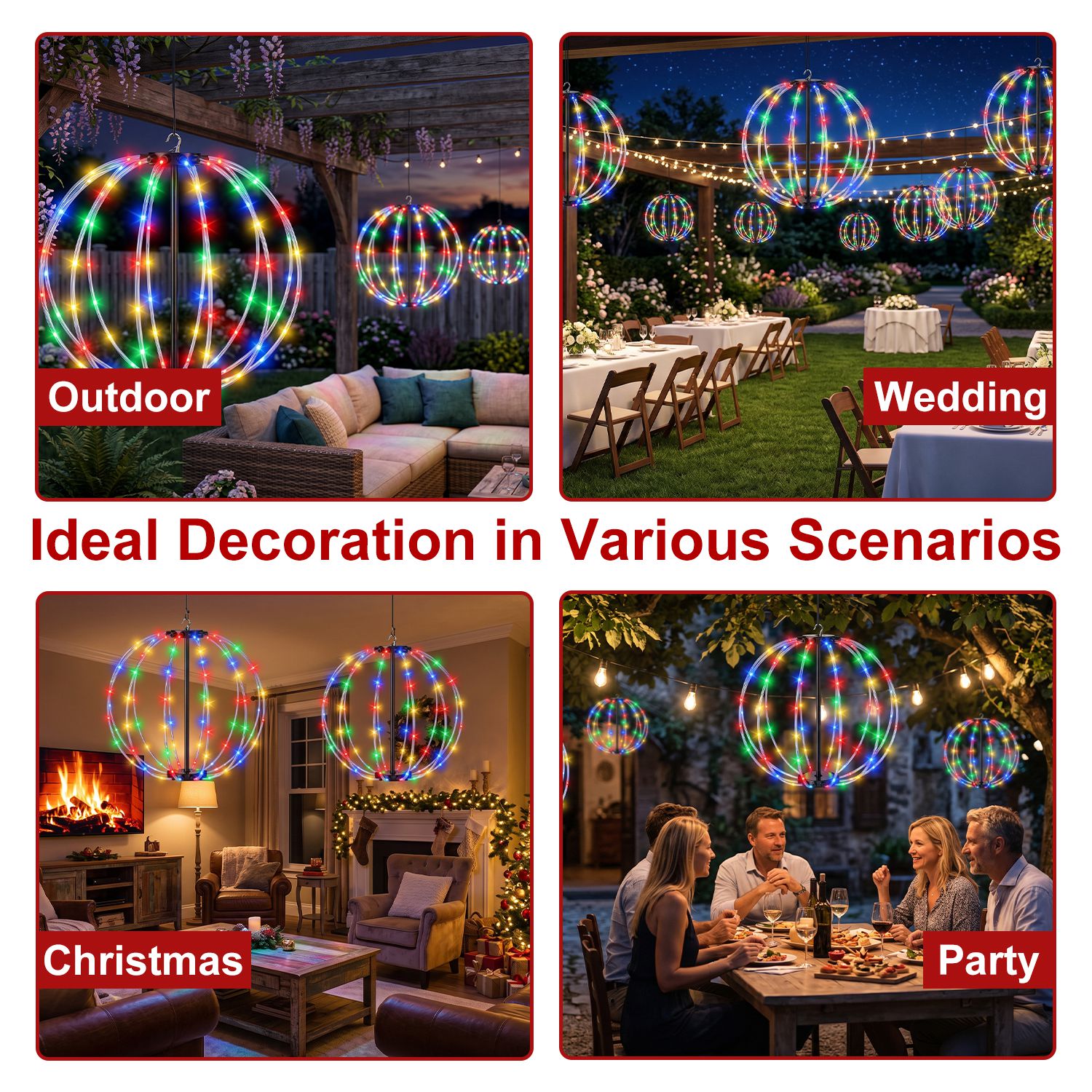 2 Pack Battery Operated Christmas Hanging Ball Lights RGB LED Christmas Sphere Lights 12in & 16in Size with Remote Control 8 Modes Timer for Outdoor G - Image 9