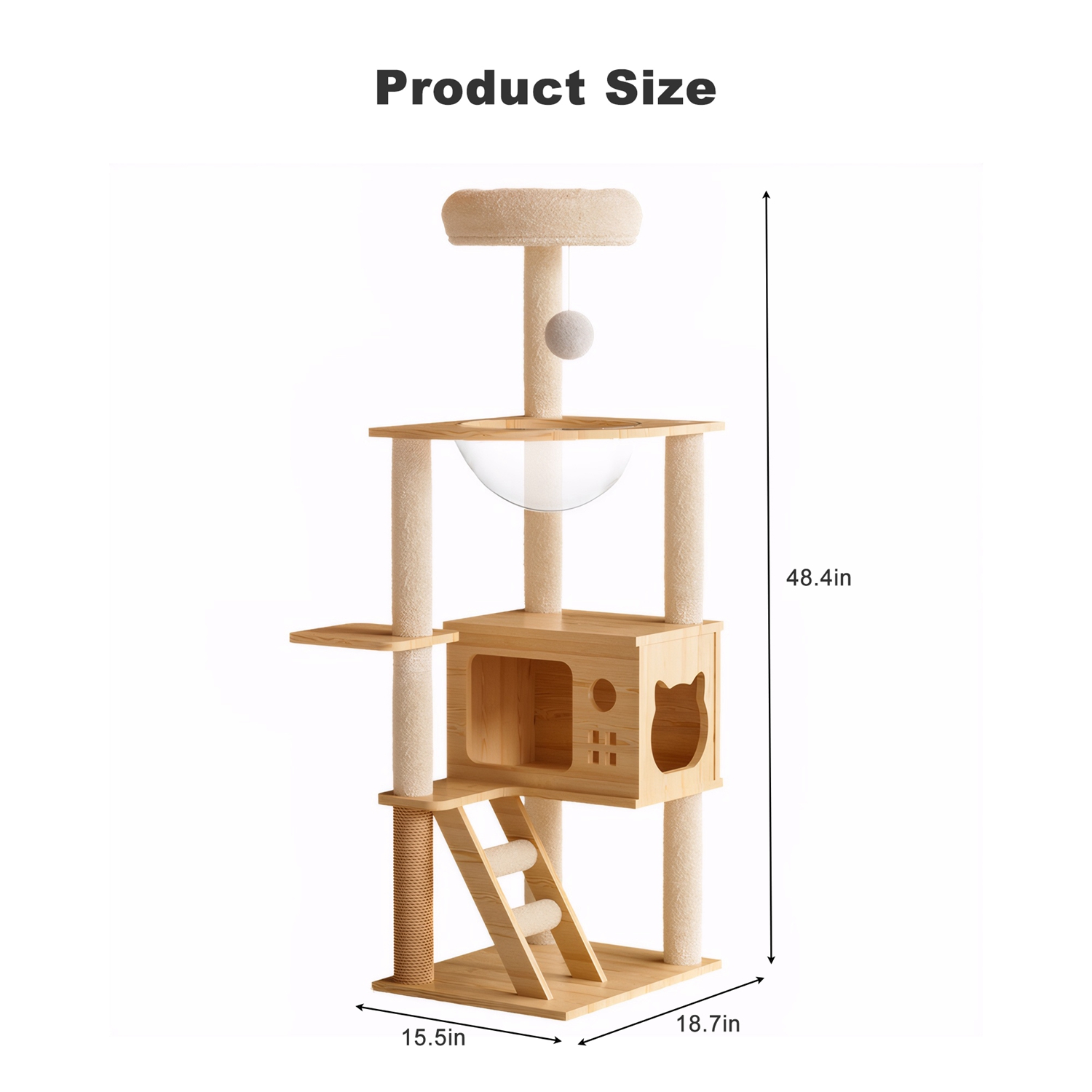 48.4" Modern Wood Cat Tree Tower, Multi-Level Cat Condo with Acrylic Hammock, Sisal Scratching Posts & Top Perch, Cat Tower for Indoor Cats - Image 8