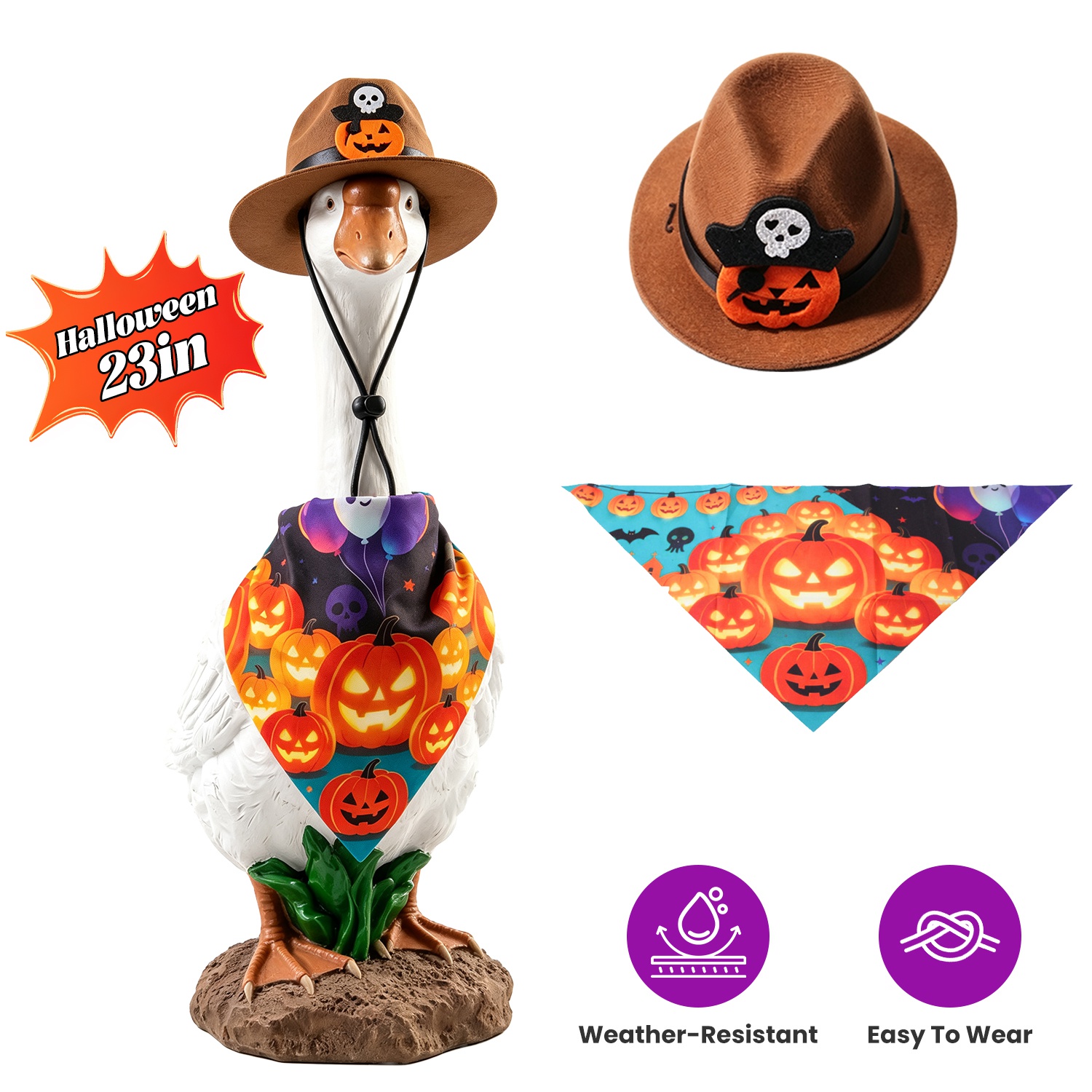 Porch Goose Halloween Costume for 23" Goose Statue Pumpkin Bandana & Cowboy Hat Halloween Yard Decor - Image 8