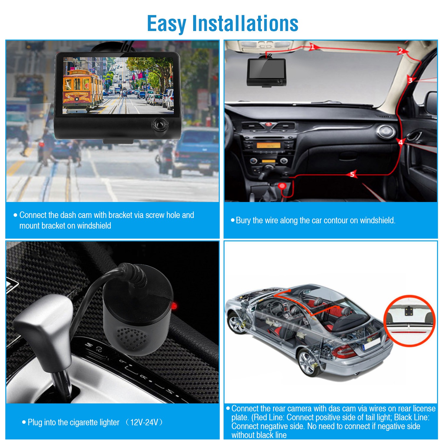 1296P Car DVR Dash Camera 4In 3 Lens Vehicle Driving Recorder Seamless Recording - Image 6