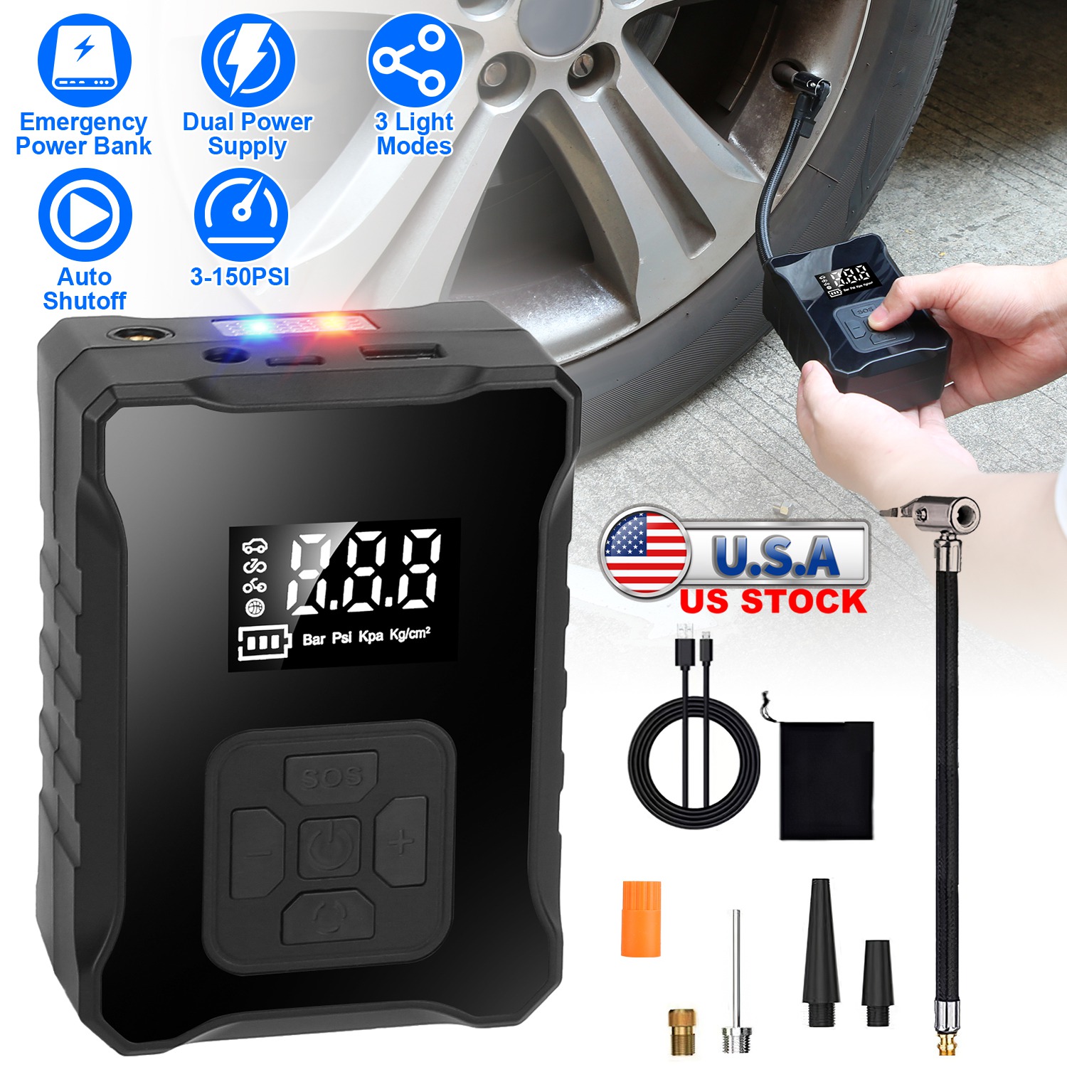 150PSI Cordless Tire Inflator Digital Air Compressor with LED Light Emergency Power Bank for Cars Motorcycles Bicycles Balls - Image 8