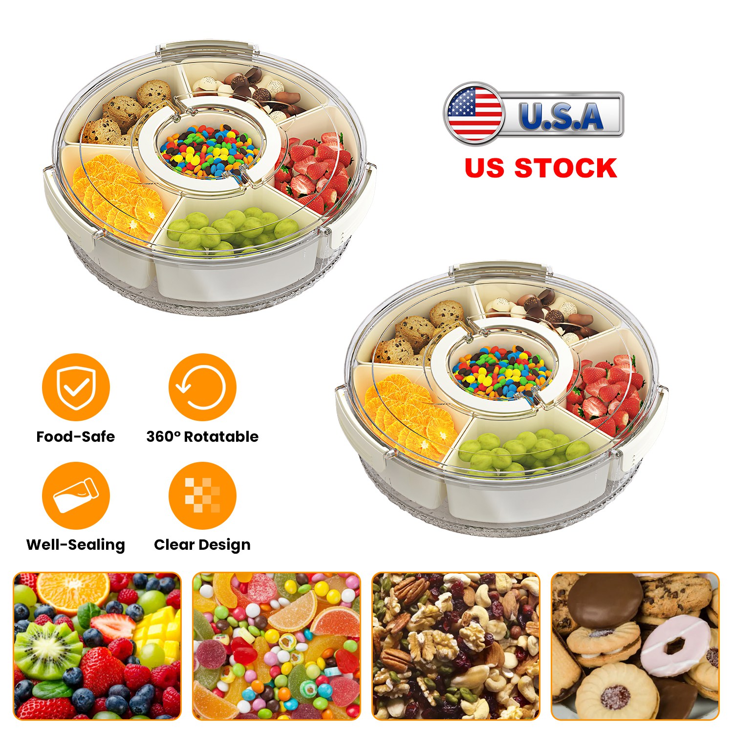 2Pcs Divided Serving Tray with Lid and Handle 360° Rotatable Snack Box Container with 6 Dividers Clear Portable Snack Platters for Fruit Candy Nut Sna - Image 9