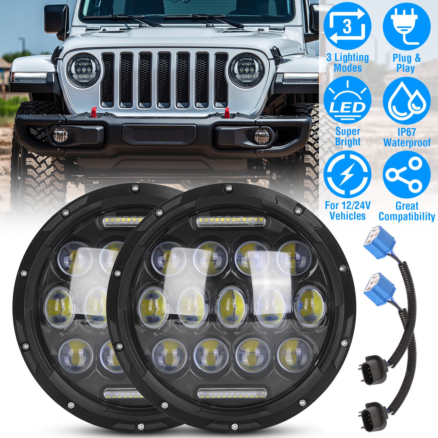 2Pcs 7In 75W Round LED Headlight 3800LM Halo Car Headlamp with DRL High Low Beam for Jeep Wrangler TJ JK CJ with H4 to H13 Adapters Plug and Play - Image 2