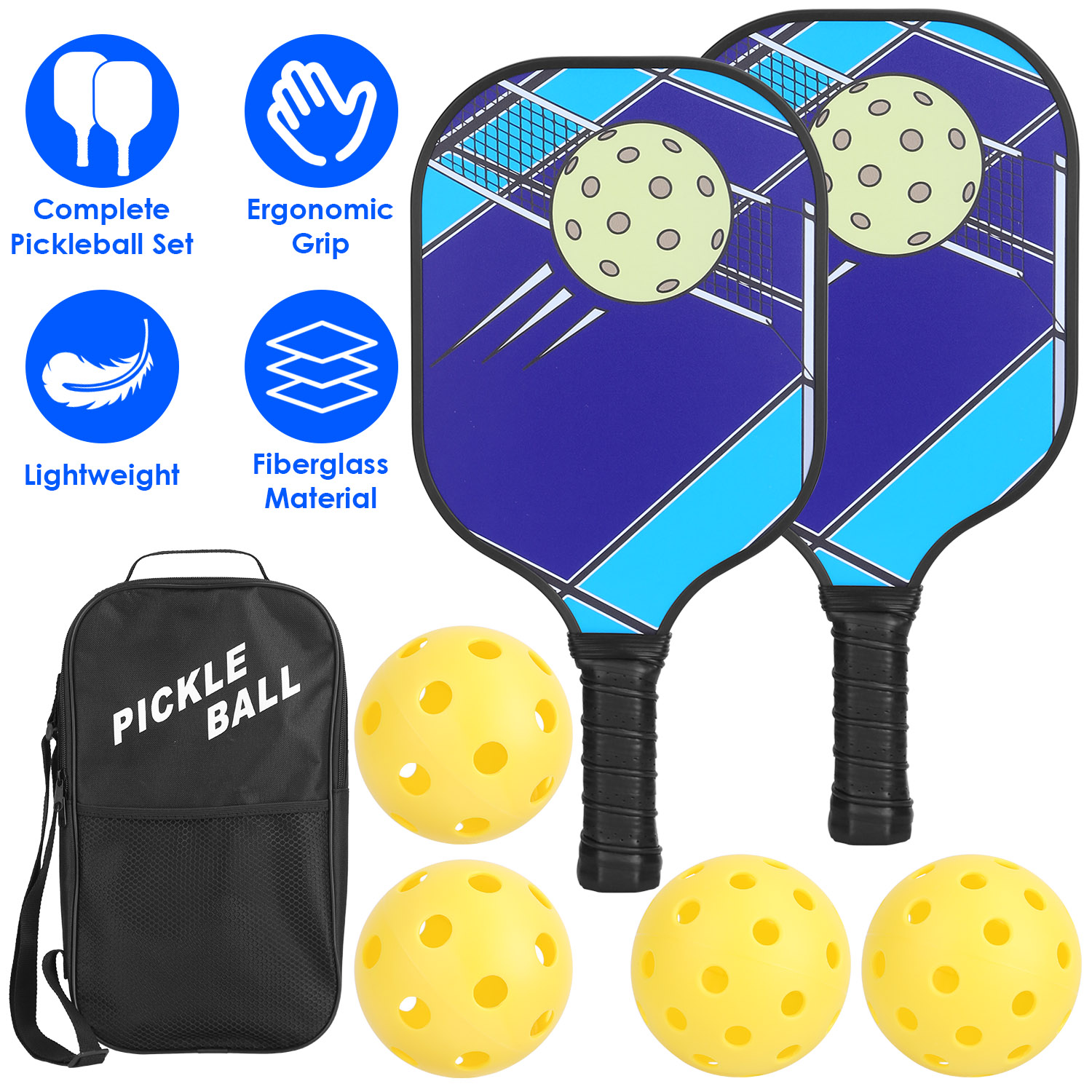 Pickleball Set 2 Fiberglass Paddles 4 Outdoor Indoor Balls Portable Carry Bag 2 Cooling Towel Lightweight Ergonomic Grip for Beginners Pros - Image 2