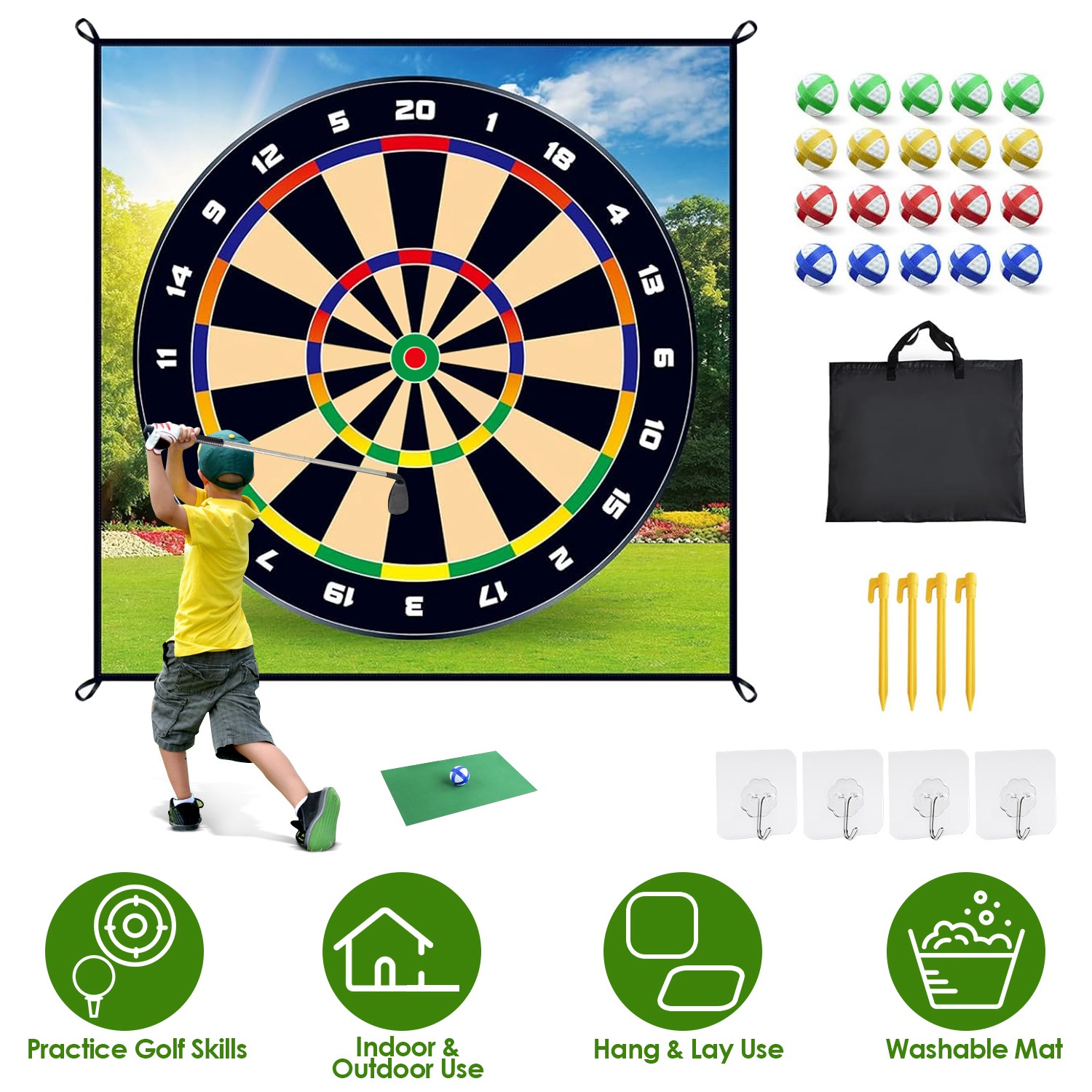 Golf Chipping Dart Game Mat Set With 20 Sticky Balls Ground Stakes Hanging Hooks Carrying Bag Indoor Outdoor Golf Hitting Training Game Mat For Kids B - Image 2