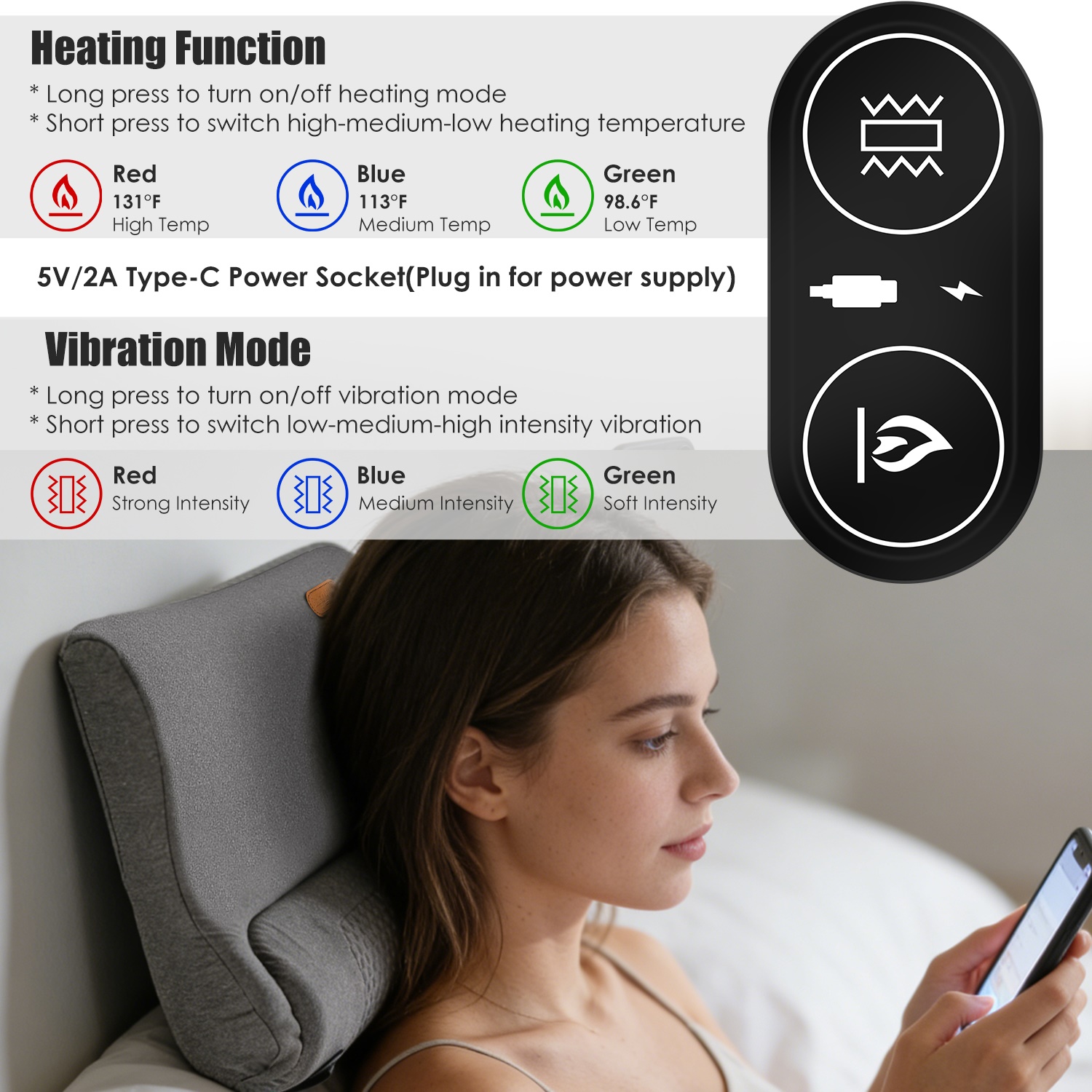 Neck Massager Pillow Ergonomic Massager Memory Foam Pillow with 3-Level Heating 3-Intensity Vibration 30Min Timer for Neck Back Shoulder Pain Relief - Image 6