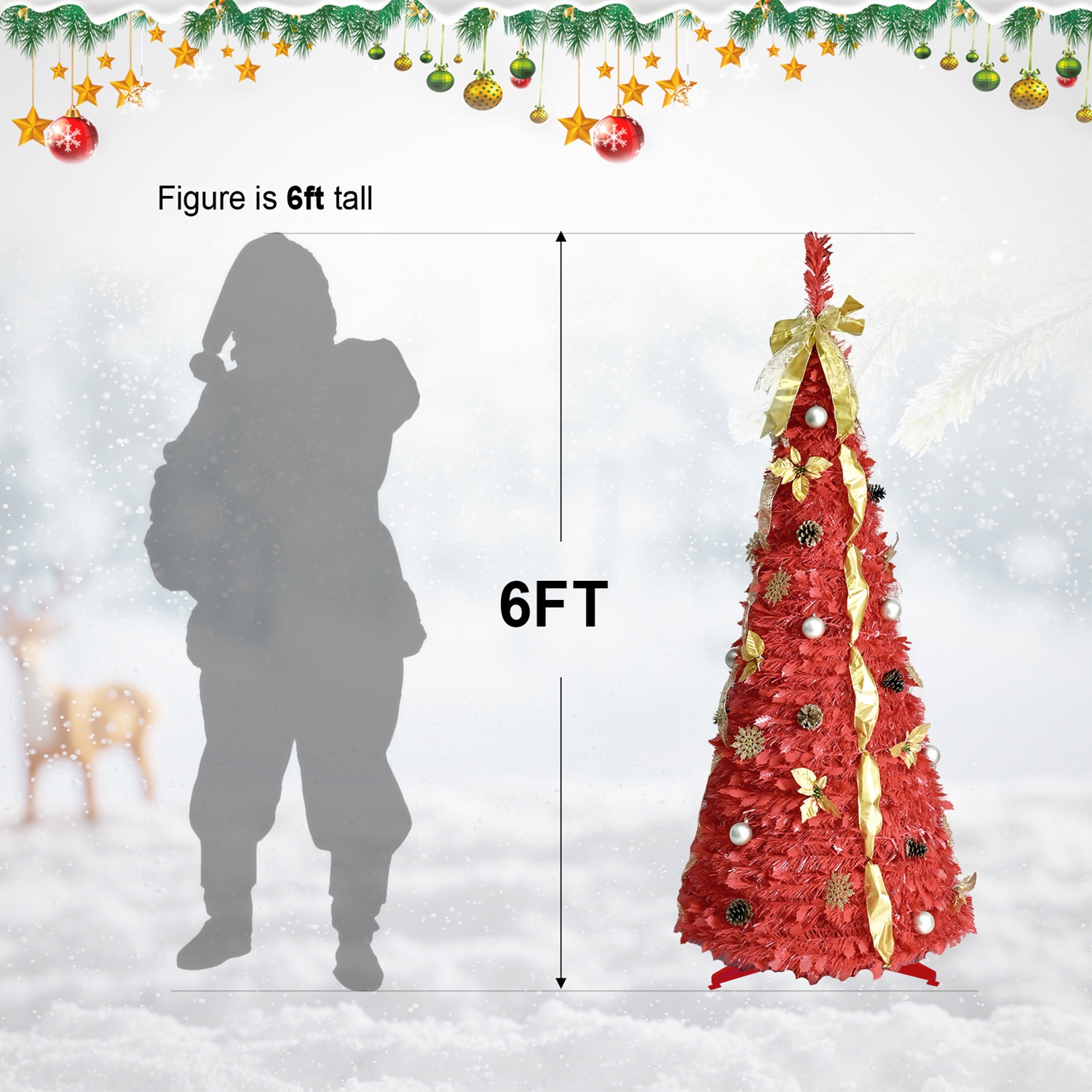 6FT Red Pre-Lit Pop-Up Christmas Tree with 150 Warm White LED Ribbons Bow Flowers Snowflakes Pine Cones Red Ornaments Collapsible Artificial Christmas - Image 4