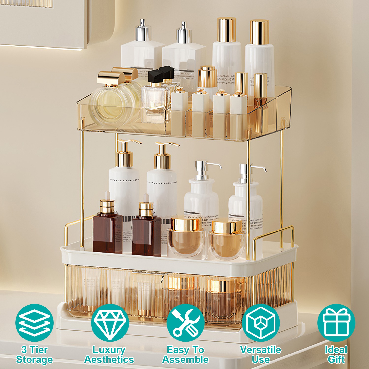 3 Tier Makeup Organizer for Vanity Large Capacity Skincare Shelf Bathroom Countertop Organizer with Drawer for Lipsticks Lotion Toner Perfumer Masks - Image 2