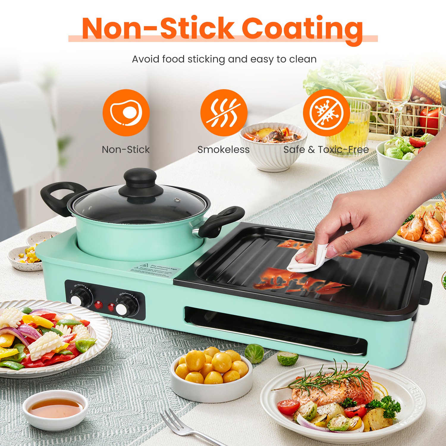 3 in 1 Electric Hot Pot with Grill 1600W Smokeless Non-Stick Korean BBQ Grill Shabu Shabu Hot Pot Combo with Independent Temperature Control for 3-5 P - Image 10