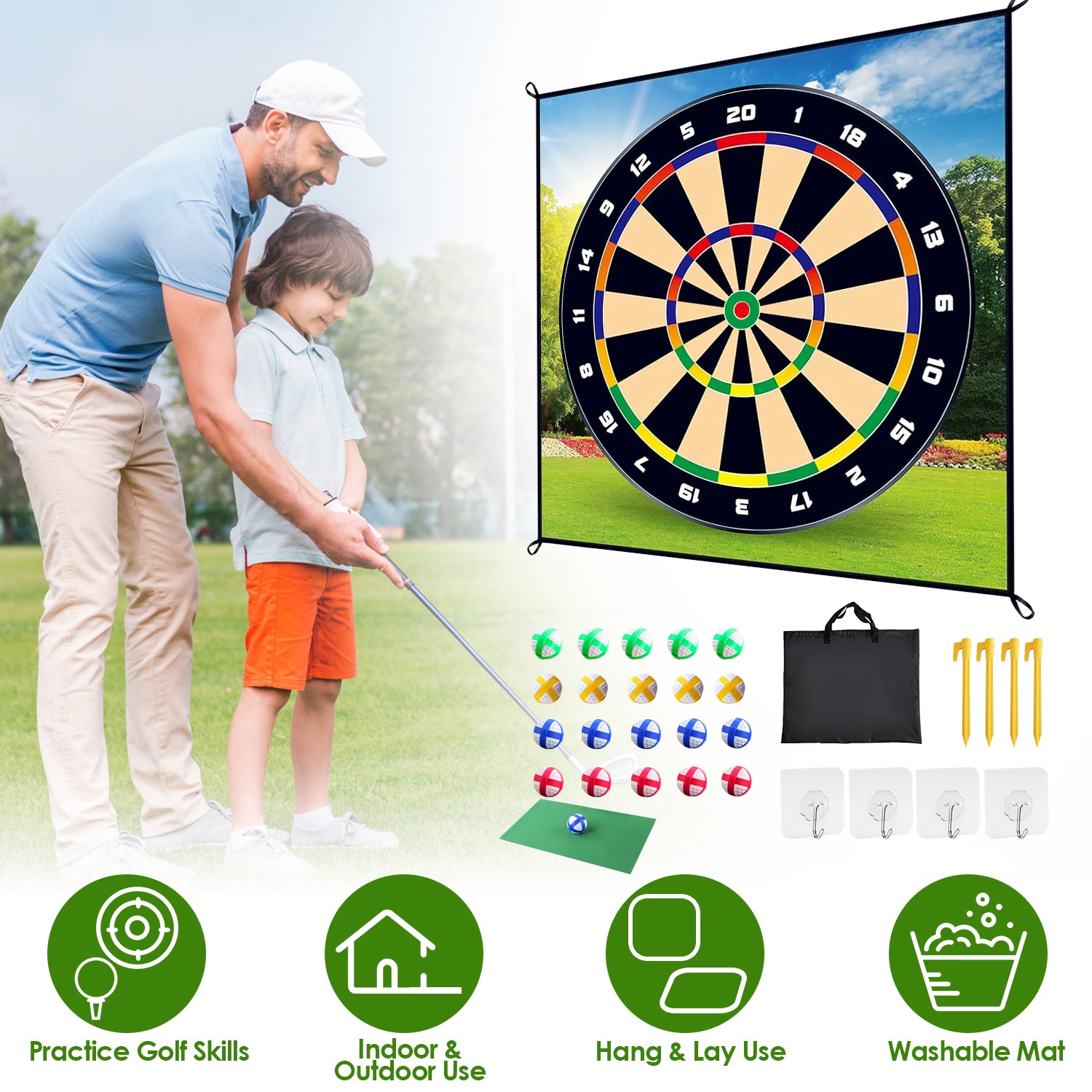 Golf Chipping Dart Game Mat Set With 20 Sticky Balls Ground Stakes Hanging Hooks Carrying Bag Indoor Outdoor Golf Hitting Training Game Mat For Kids B - Image 3