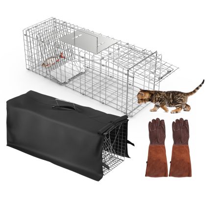 31x12x11” Folding Live Animal Trap Cage With Waterproof Cover And Gloves Humane Easy To Catch And Release Trap For Stray Cats Raccoons Squirrel Skunk