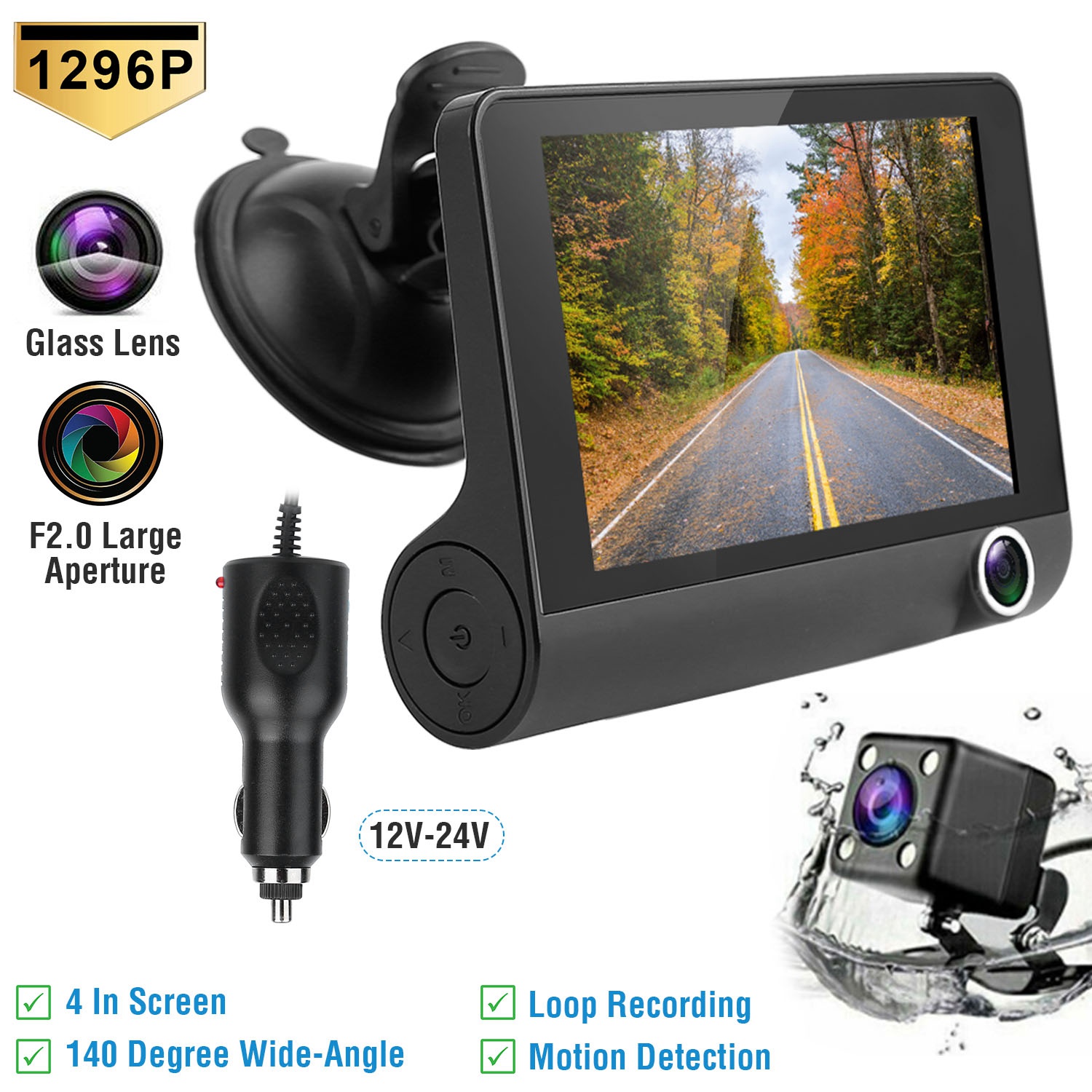 1296P Car DVR Dash Camera 4In 3 Lens Vehicle Driving Recorder Seamless Recording - Image 10