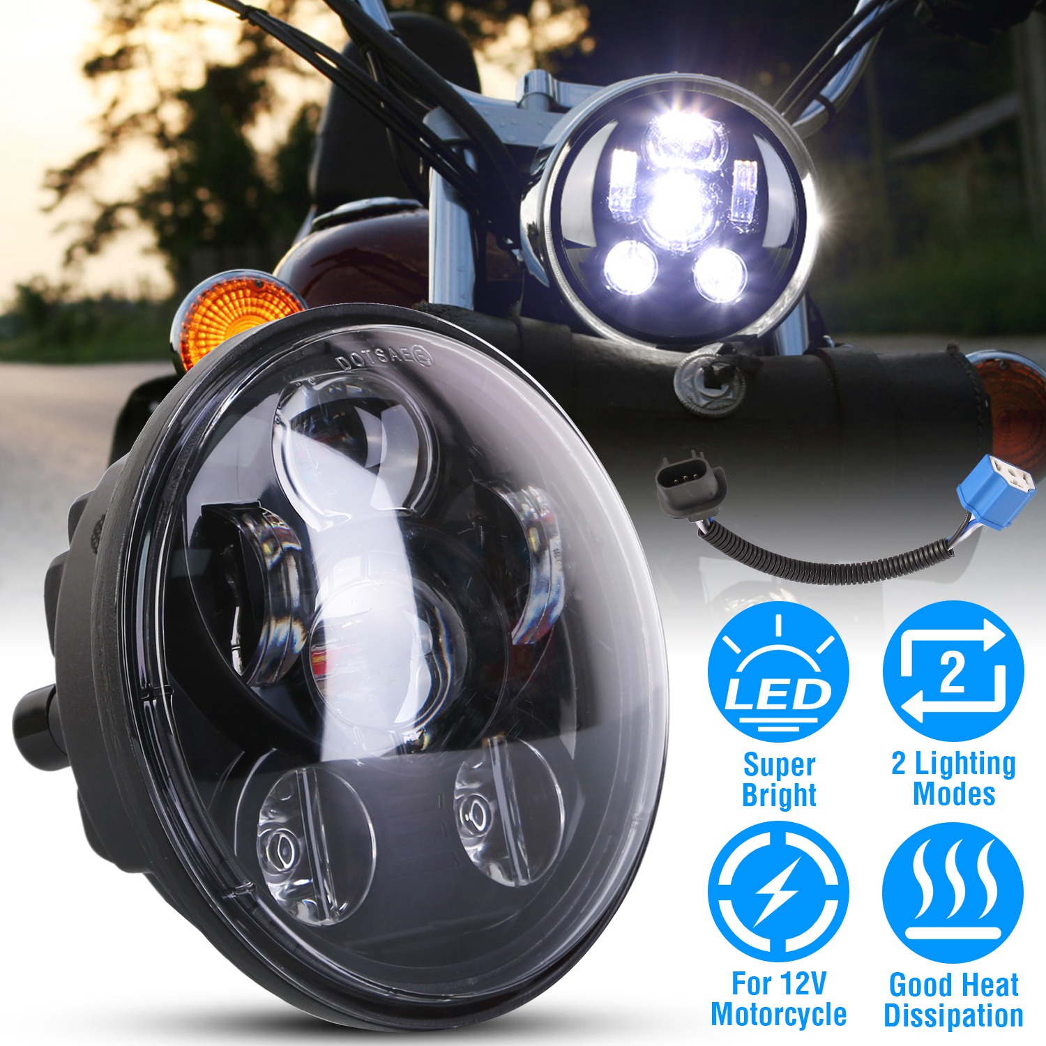 5.75In LED Headlight Motorcycle Projector Headlamp Fit for Harley Dyna Sportster Iron 883 Street Rod Street Bob Softail Deuce Custom Super Wide Glide - Image 2