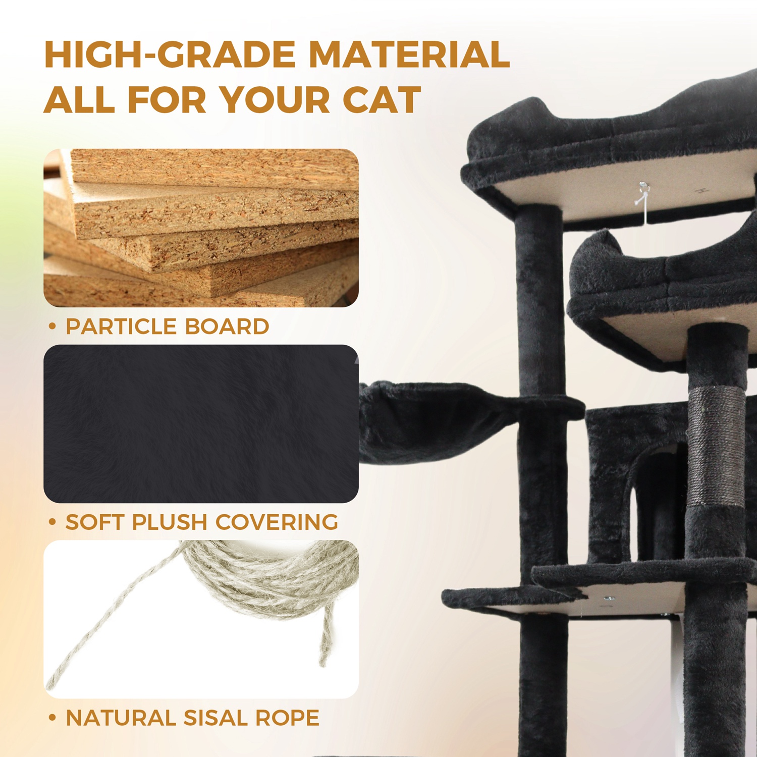 68in Multi-Level Cat Tree Tower with Hammocks, Cat Condo, Hanging Basket, Removable Cushions & Sisal Scratching Posts, Plush Cat Activity Center for I - Image 3