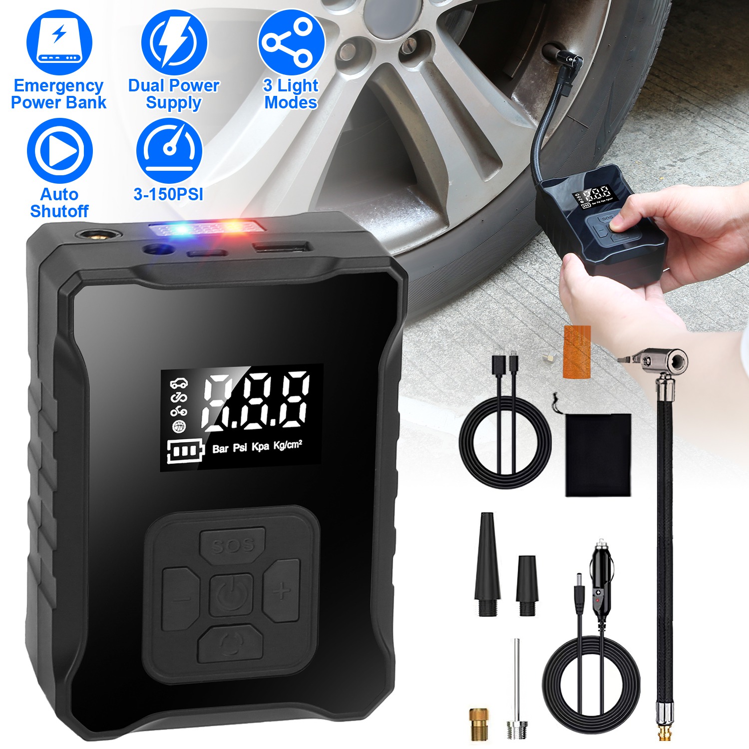 150PSI Cordless Tire Inflator with Car Charger Digital Air Compressor with LED Light Emergency Power Bank for Cars Motorcycles Bicycles Balls - Image 7
