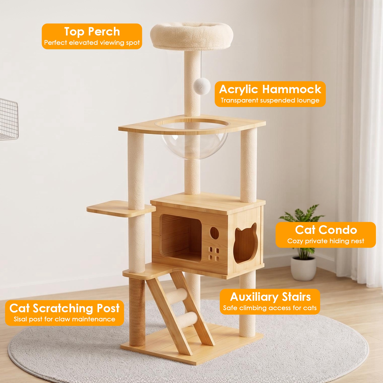 48.4" Modern Wood Cat Tree Tower, Multi-Level Cat Condo with Acrylic Hammock, Sisal Scratching Posts & Top Perch, Cat Tower for Indoor Cats - Image 9