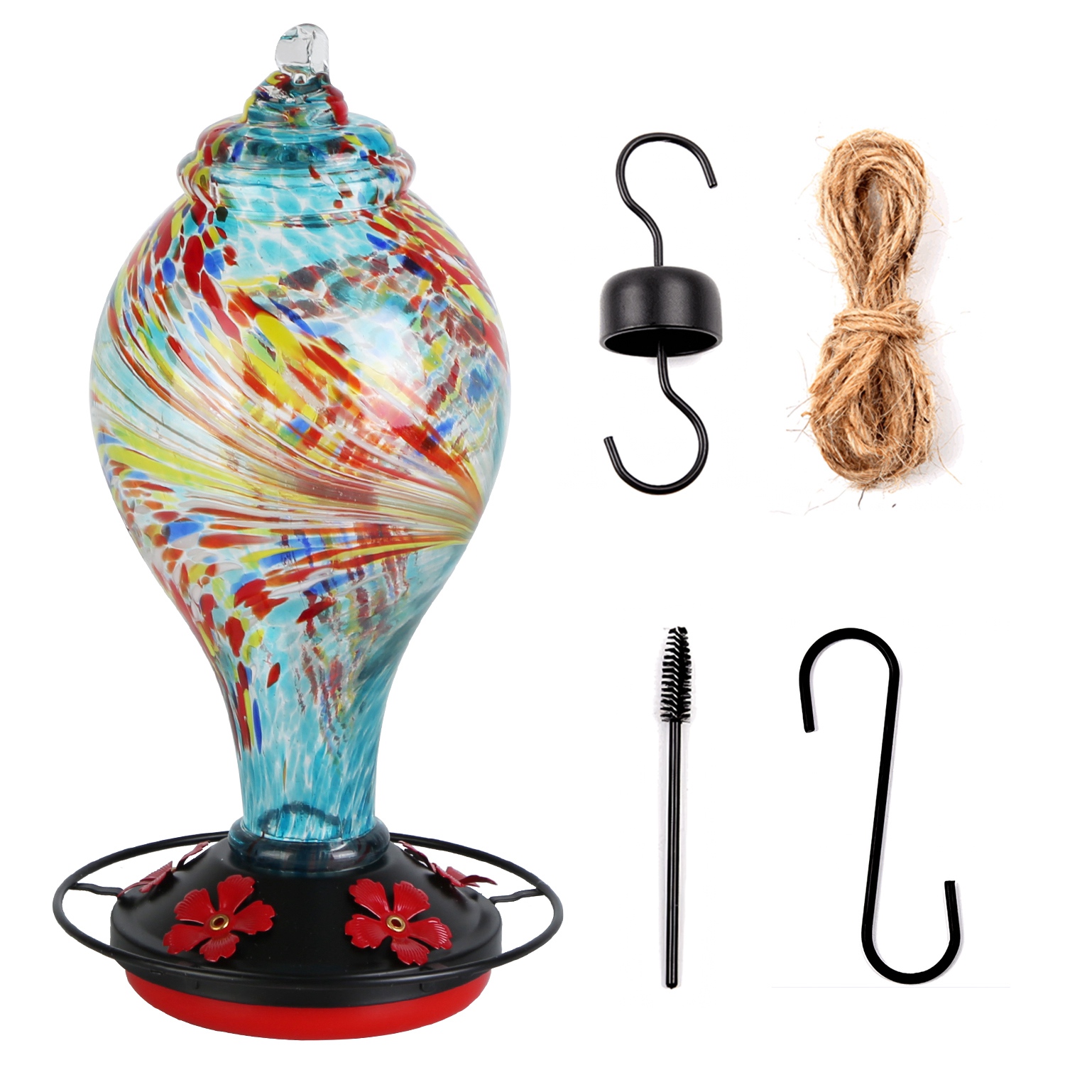 Glass Hummingbird Feeder 33OZ Hand Blown Hummingbird Feeder with 5 Flower Feeding Port Perch Ant Moat Hanging Hook S Hook Hemp Rope Cleaning Brush for - Image 10