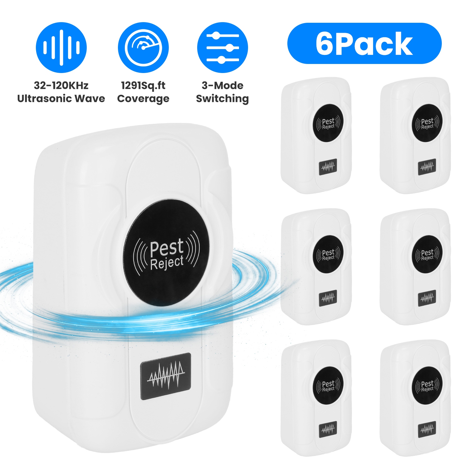 6 Pack 32-120KHz Ultrasonic Insect Repellent Indoor Plug In Bug Repellent Mosquito Roaches Mice Control with 3 Modes for Bedroom Garage Warehouse Offi - Image 4