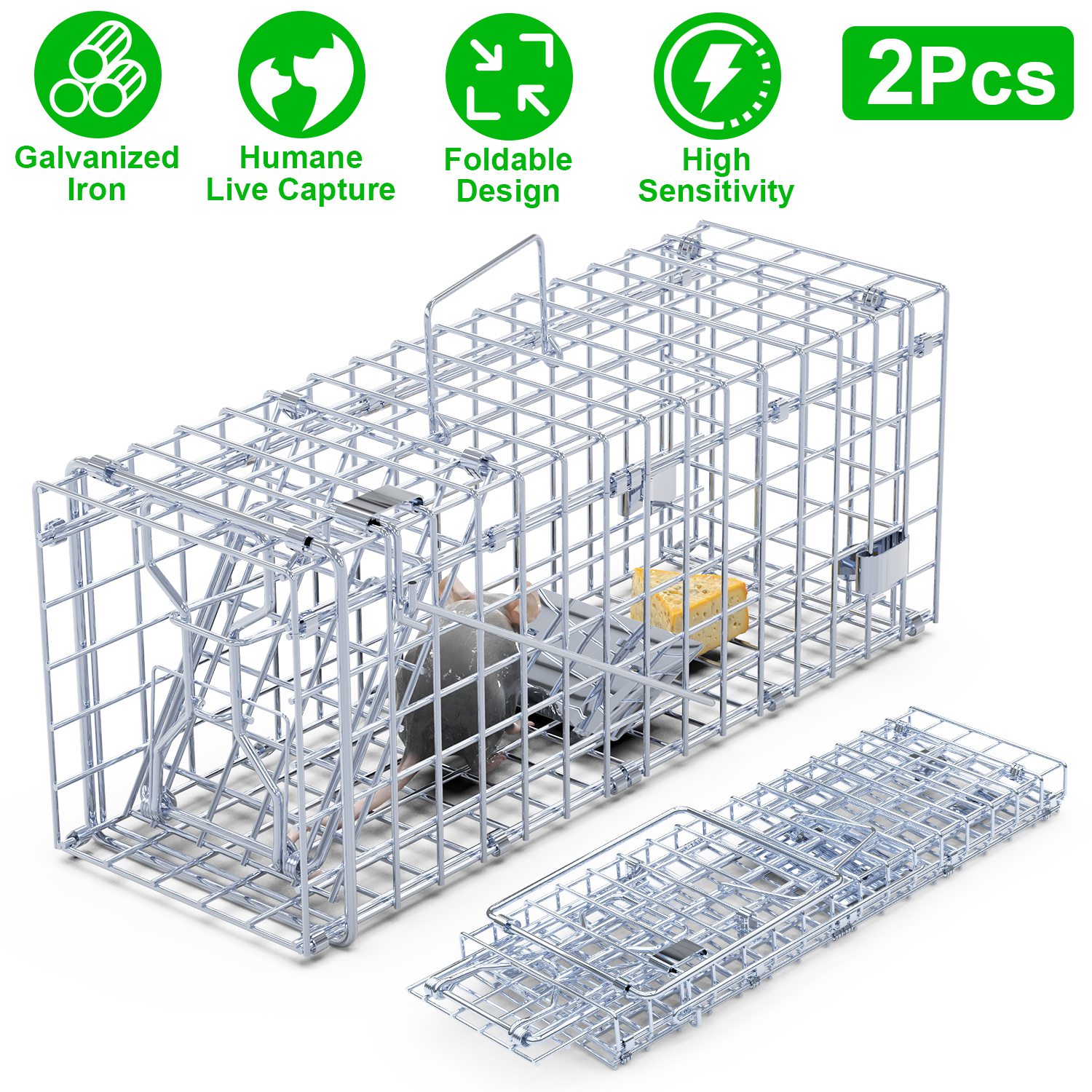 2Pcs Foldable Rat Trap Cage Humane Live Rodent Trap Cage Galvanized Iron Mice Mouse Control Bait Catch with Detachable L Shaped Rod For Kitchen Garden - Image 4