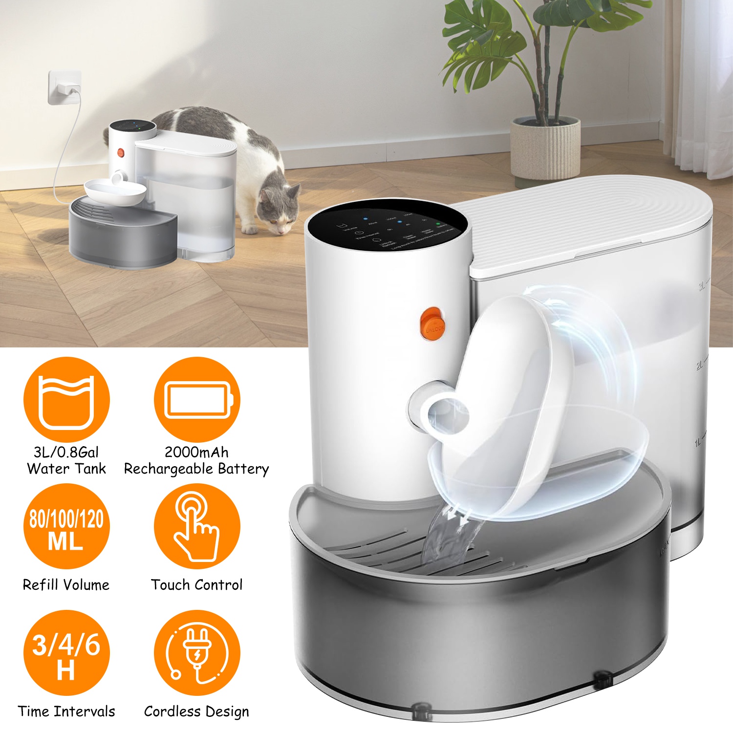 Smart Pet Water Fountain Automatic Cat Water Dispenser 3L/101OZ Cordless Rechargeable Dog Water Fountain Self-Refill with 3 Adjustable Volume 3 Time I - Image 5