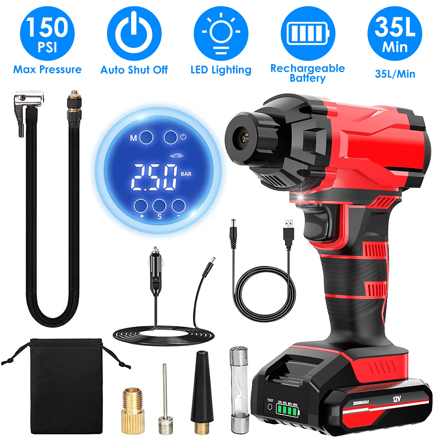 150PSI Cordless Car Tire Pump Rechargeable Tire Inflator 12V Portable Electric Air Compressor with LED Light for Car Bike Motorcycle Ball - Image 4