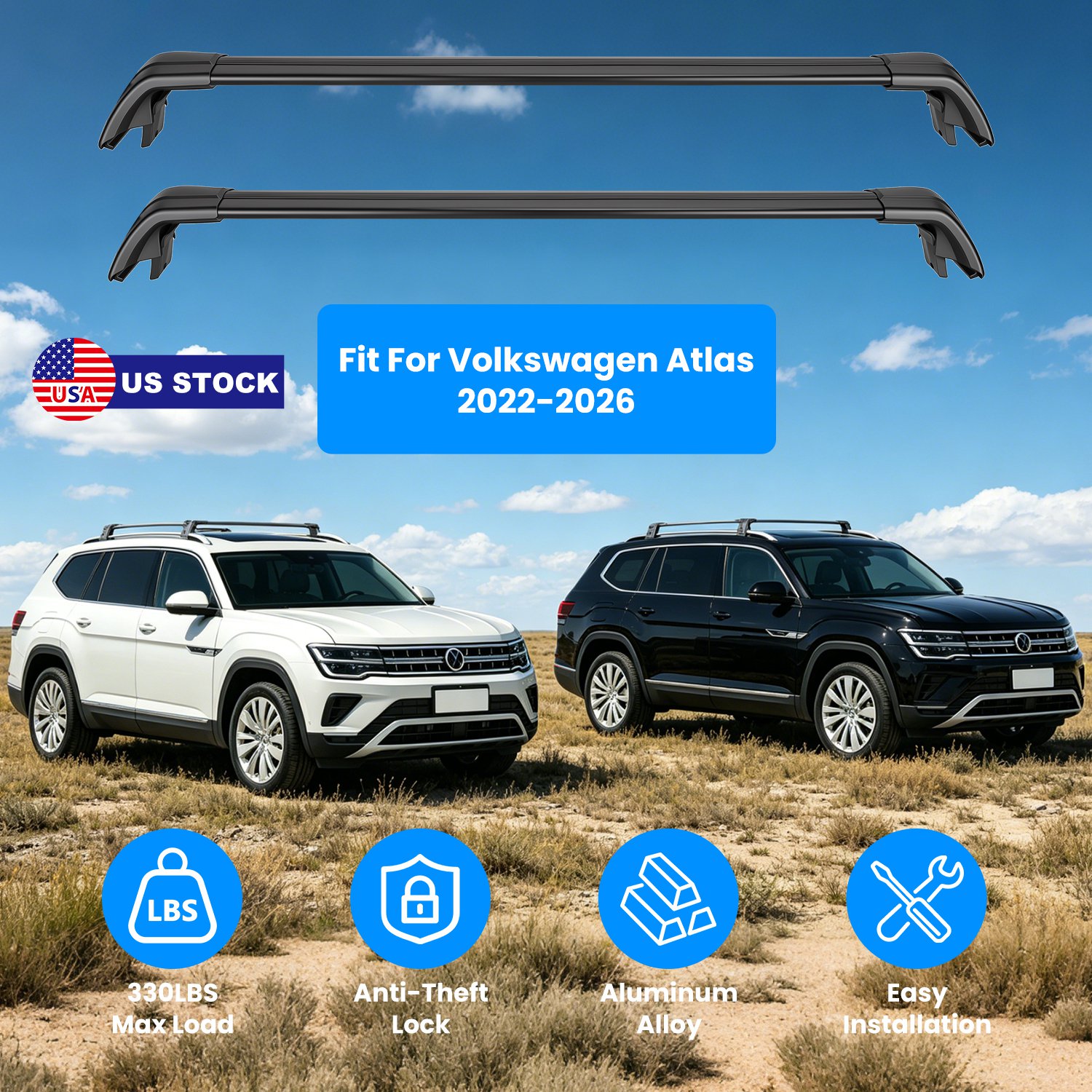 Roof Rack Cross Bars Fit for Volkswagen Atlas 2022-2026 with Factory Raised Side Rails Lockable Aluminum Roof Rack Crossbars With Locks Anti-Theft Car - Image 5