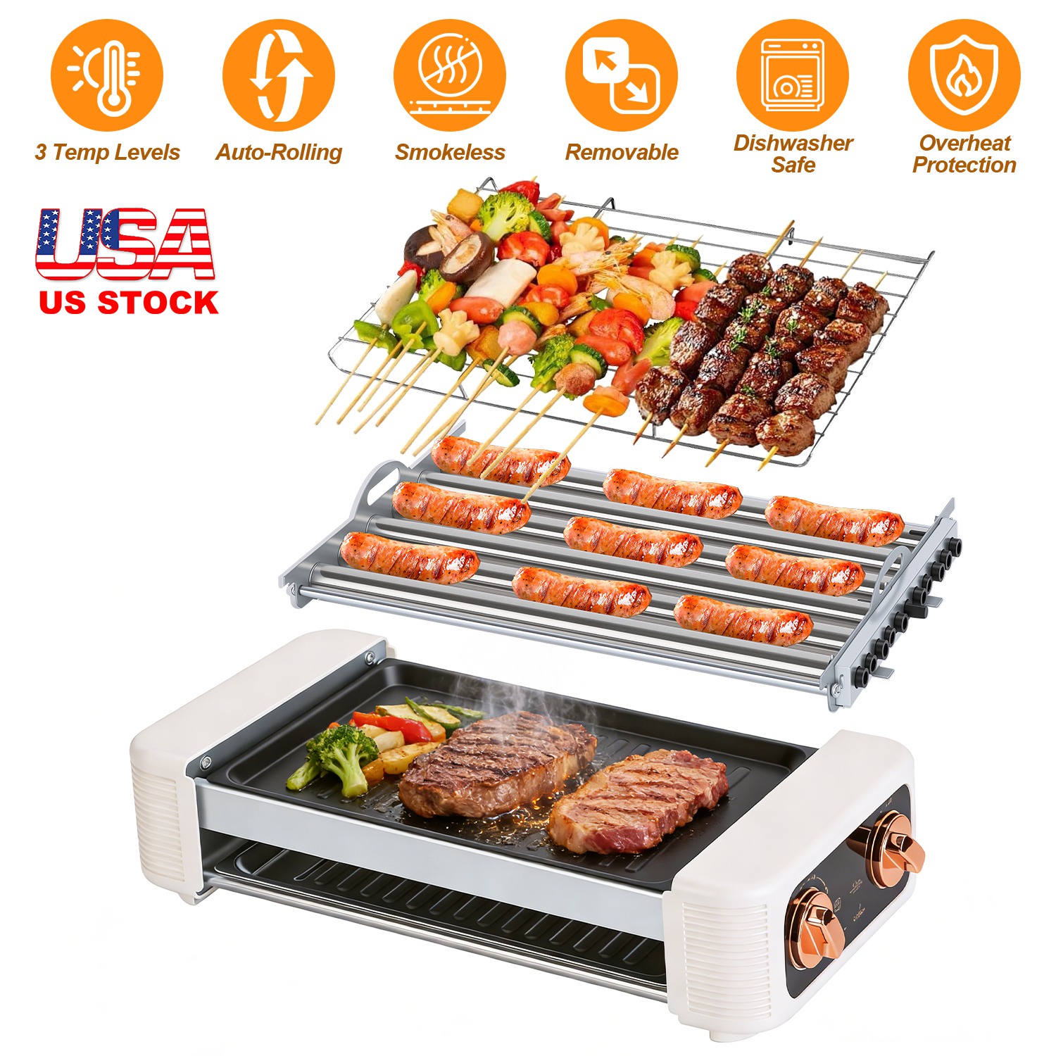 3 In 1 Electric Hot Dog Roller Machine with Grill & Griddle 6-Roller Hot Dog Cooker Smokeless Non-Stick Indoor Outdoor with 3 Temp Levels for BBQ Saus - Image 5