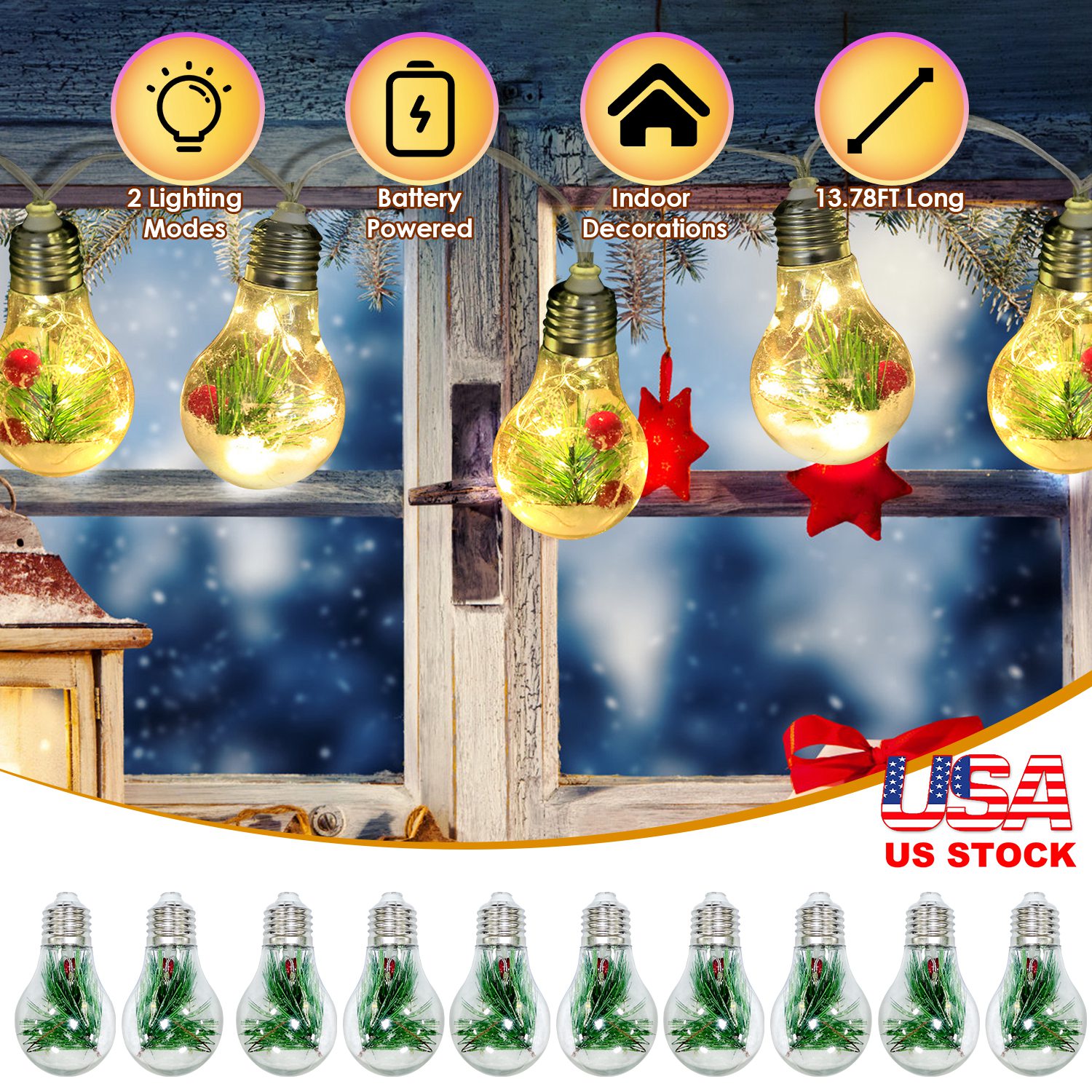13.78FT Christmas Snow Globe String Light Battery Powered 10 LED Bulbs Indoor Christmas Lights with Pine Needles Snowflakes Berries - Image 4