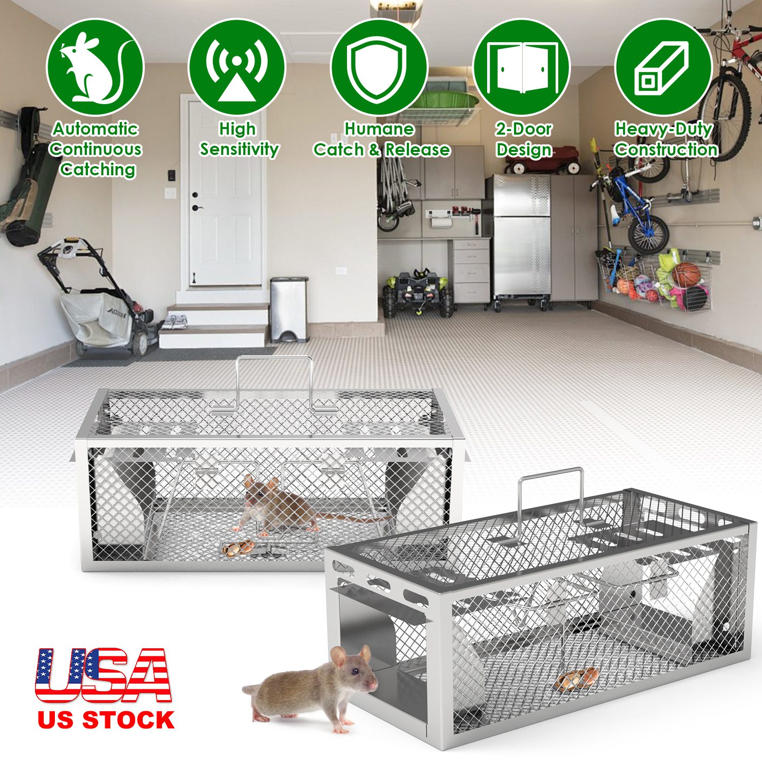 2Pack 11.81x5.63x4.45In 2-Door Humane Rat Trap Automatic Continuous Mouse Trap Reusable Galvanized Iron Live Animal Cage - Image 5
