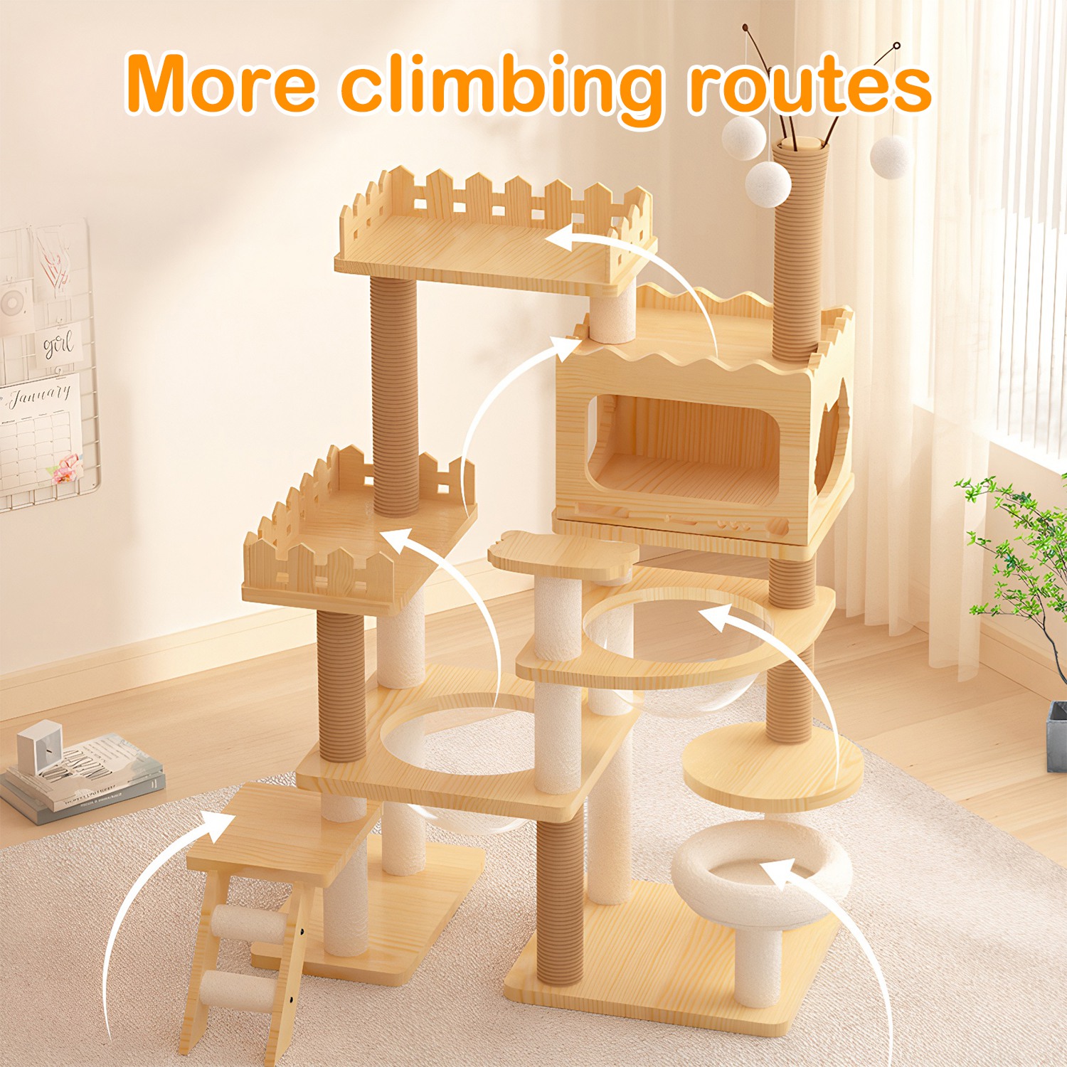 66.9" Modern Cat Tree Tower Wooden Cat Condo with 1 Cat House 2 Acrylic Capsule Sisal Scratching Posts Soft Bed Hanging Toys Multi-Level 33LBS Max Loa - Image 4