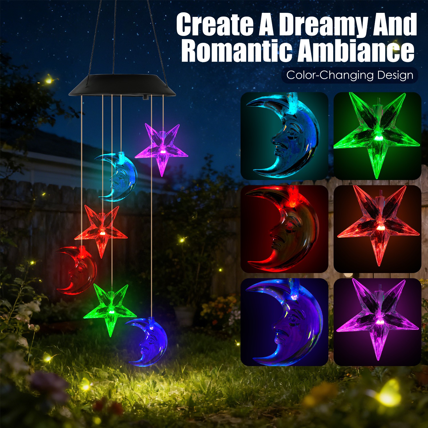 2Pack Solar Moon and Star Wind Chimes 7 Color Changing Wind Chimes for Outside IPX4 Waterproof Outdoor Garden Yard Decor - Image 8