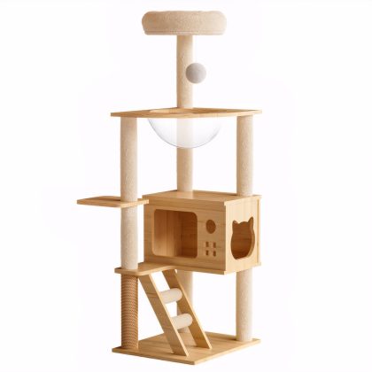 48.4" Modern Wood Cat Tree Tower, Multi-Level Cat Condo with Acrylic Hammock, Sisal Scratching Posts & Top Perch, Cat Tower for Indoor Cats